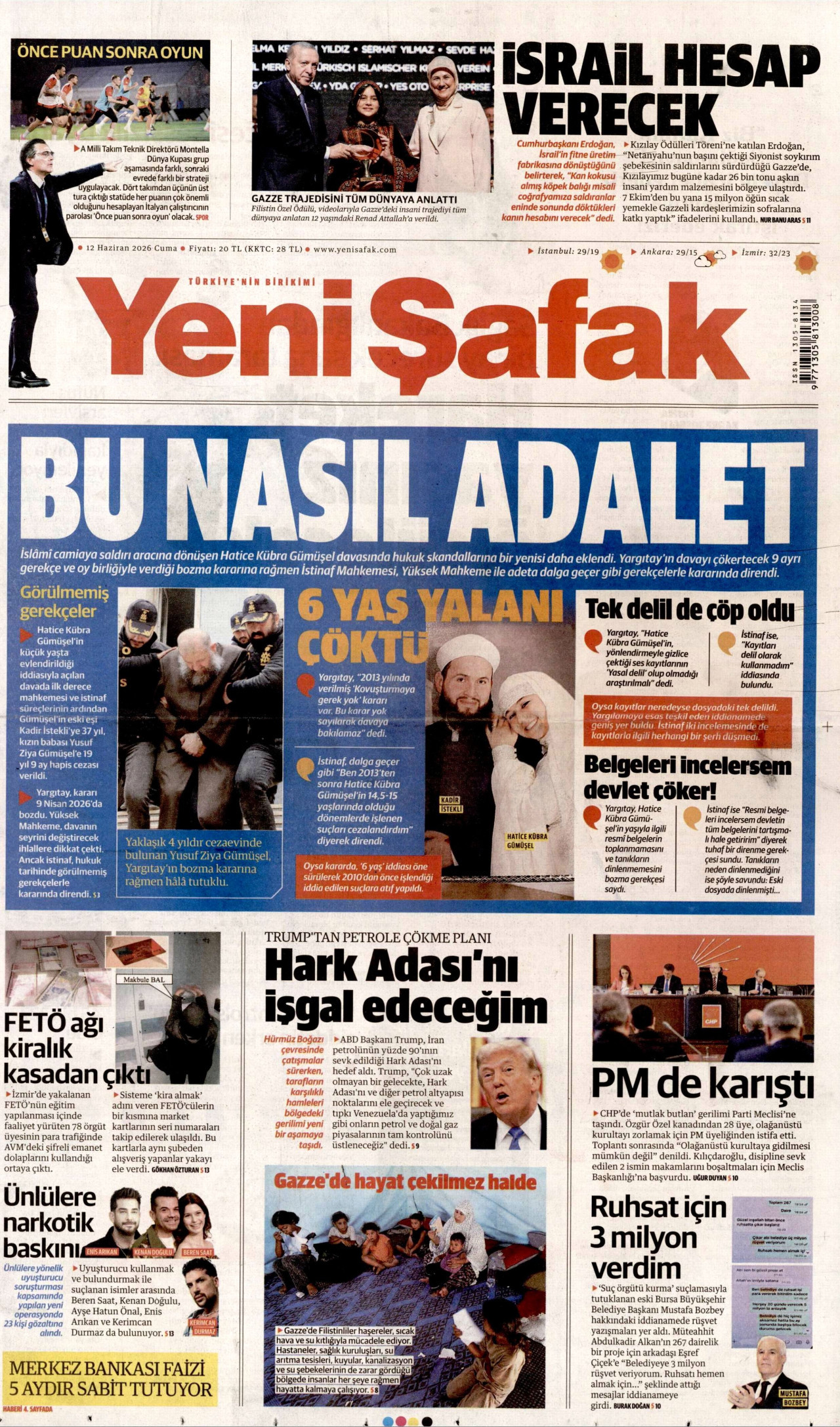 YENİ ŞAFAK gazetesinin 12 Haziran 2026 tarihli birinci sayfası
