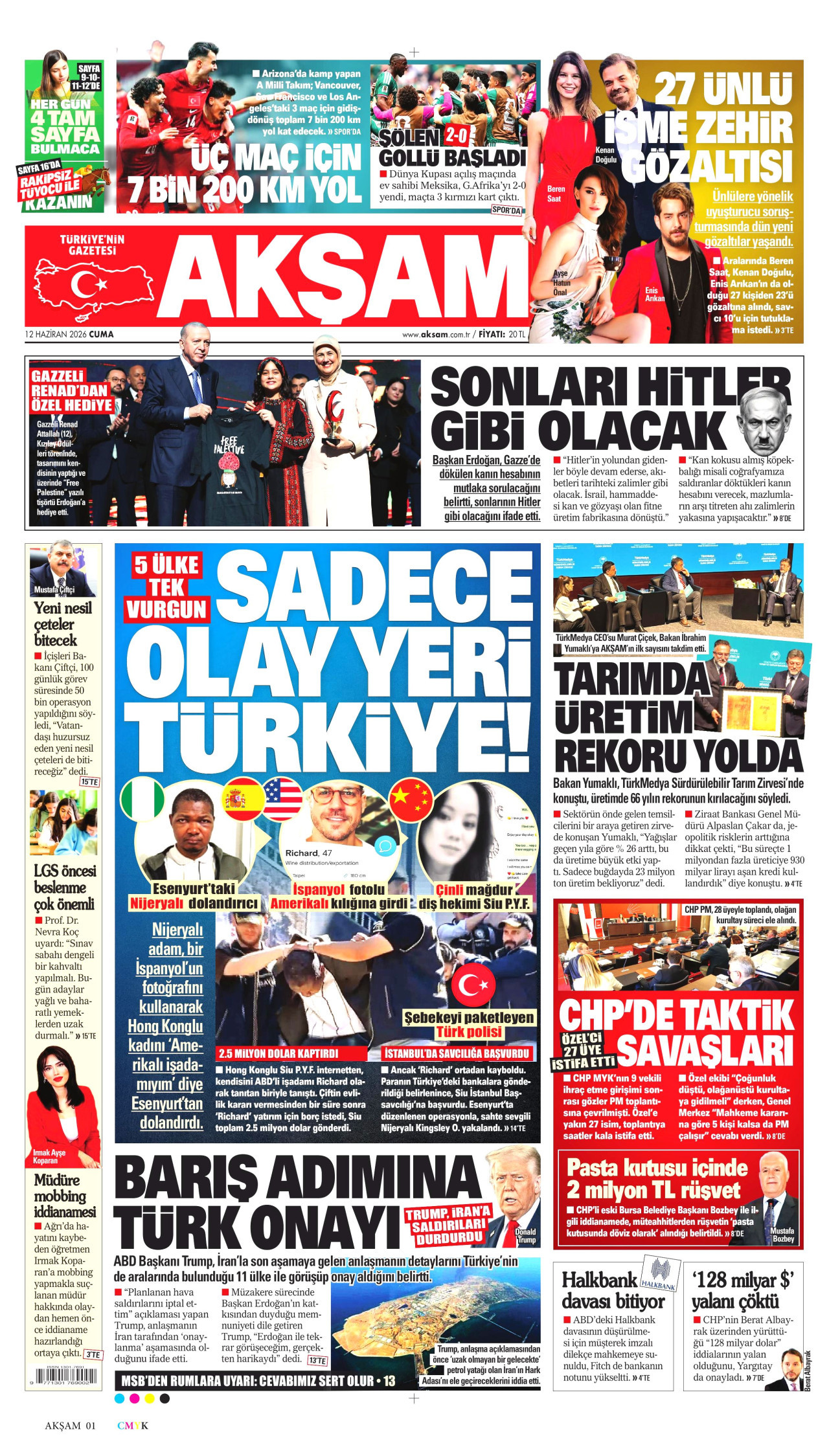 AKŞAM gazetesinin 12 Haziran 2026 tarihli birinci sayfası