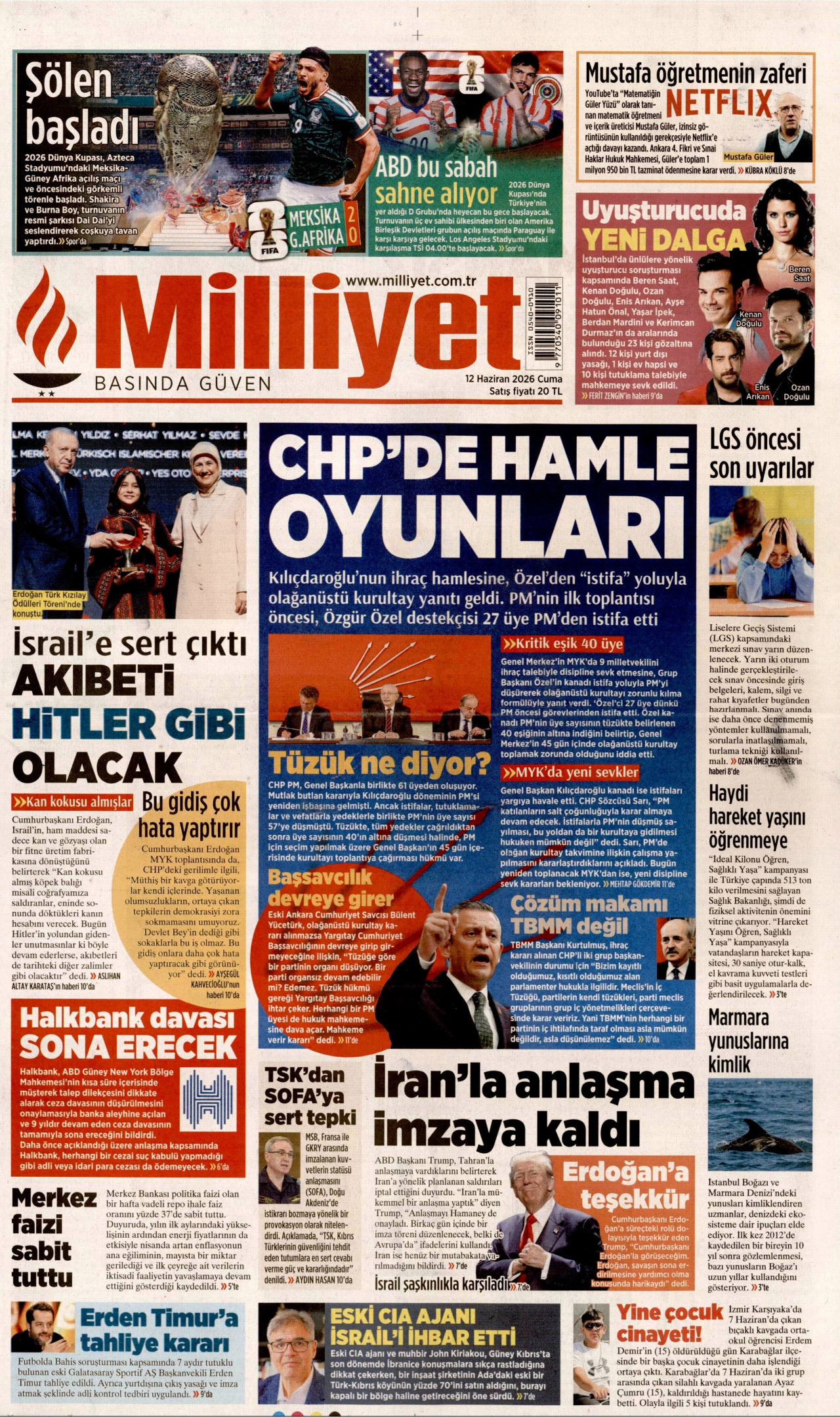 MİLLİYET gazetesinin 12 Haziran 2026 tarihli birinci sayfası