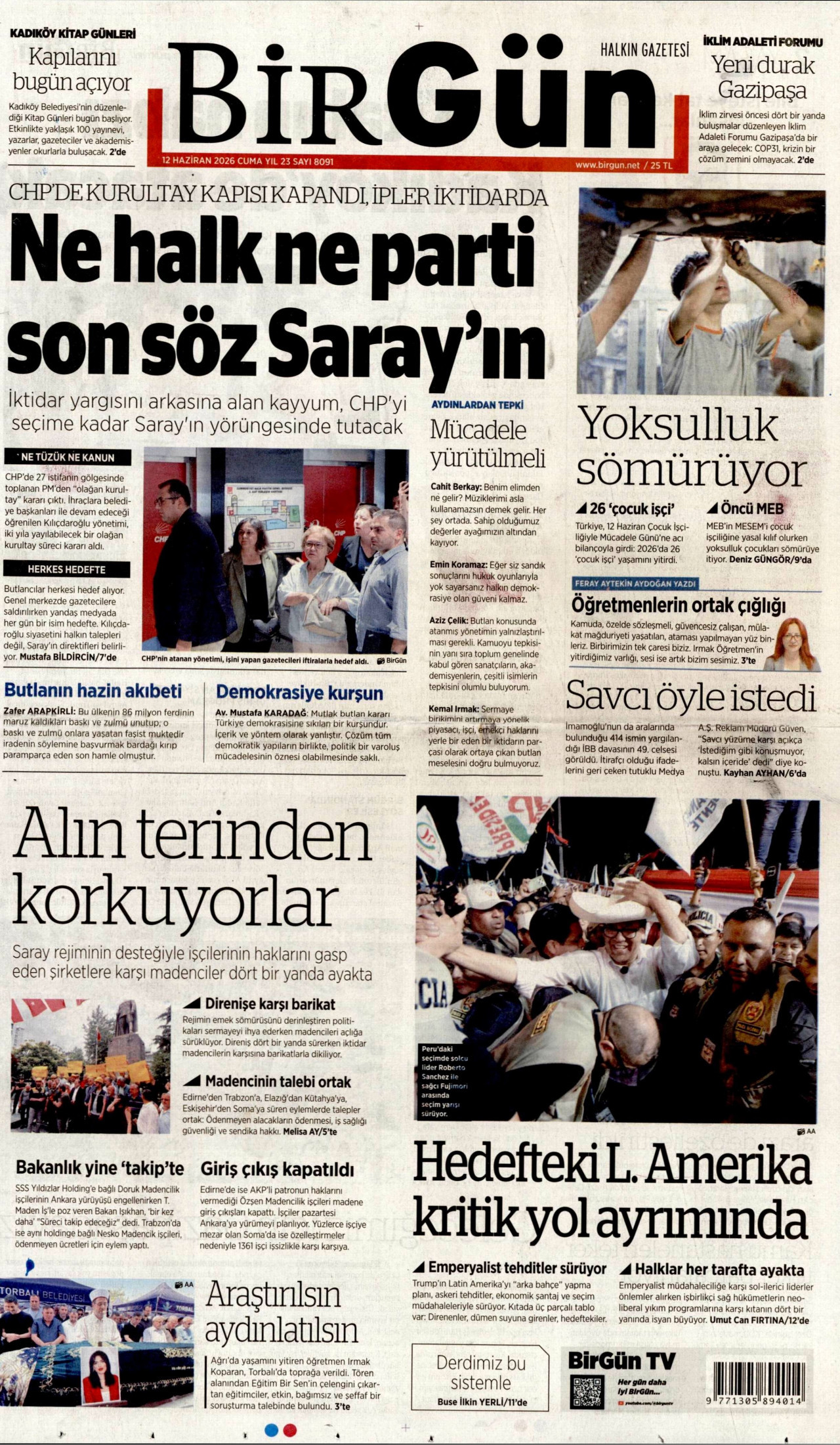 BİRGÜN gazetesinin 12 Haziran 2026 tarihli birinci sayfası