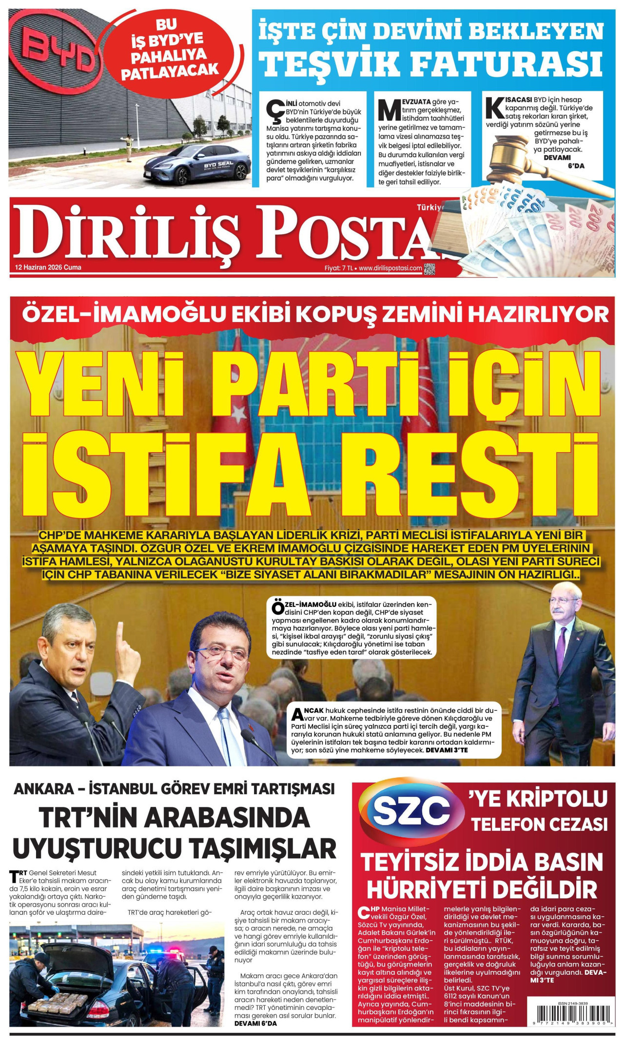 DİRİLİŞ POSTASI gazetesinin 12 Haziran 2026 tarihli birinci sayfası
