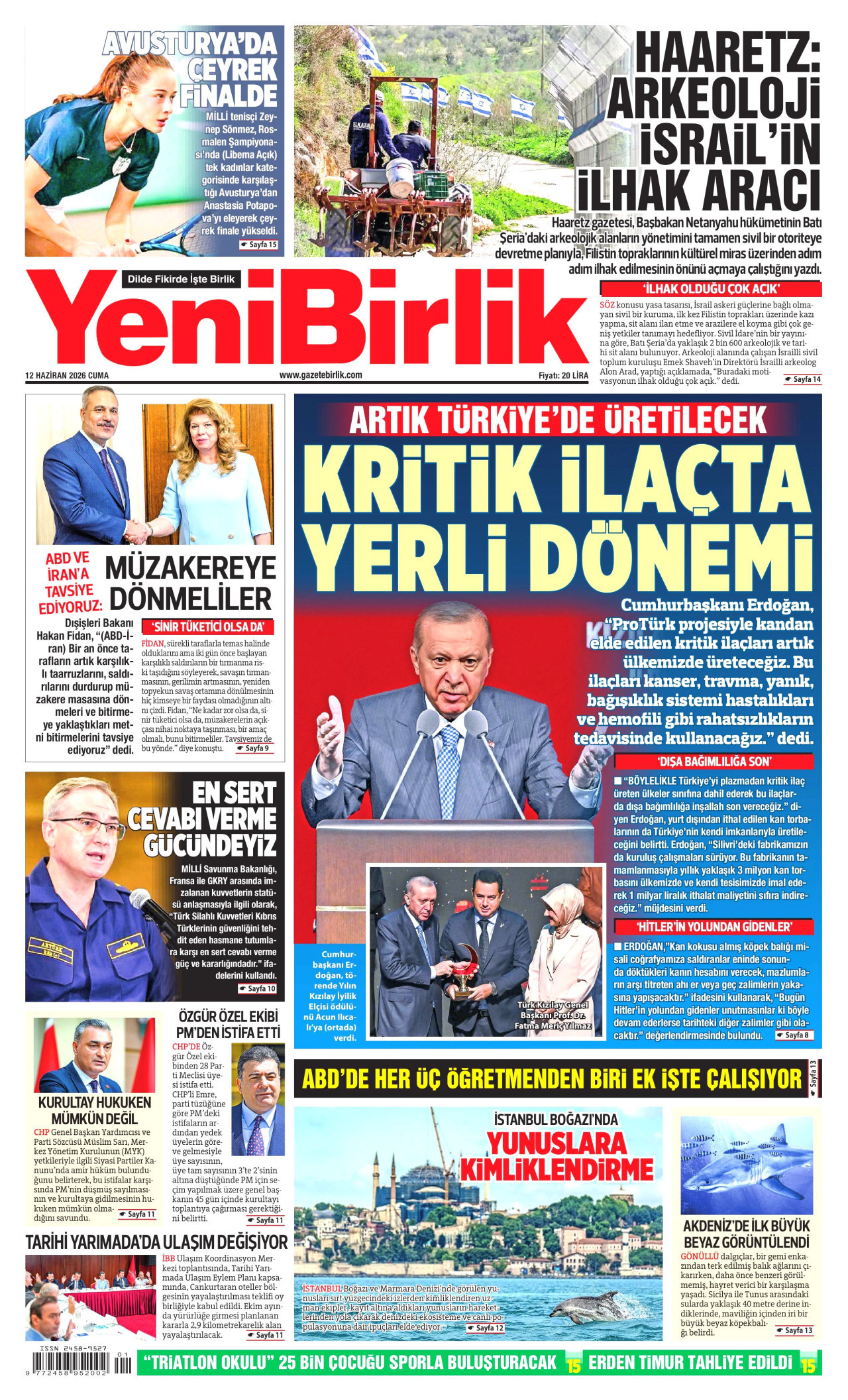 YENİBİRLİK gazetesinin 12 Haziran 2026 tarihli birinci sayfası