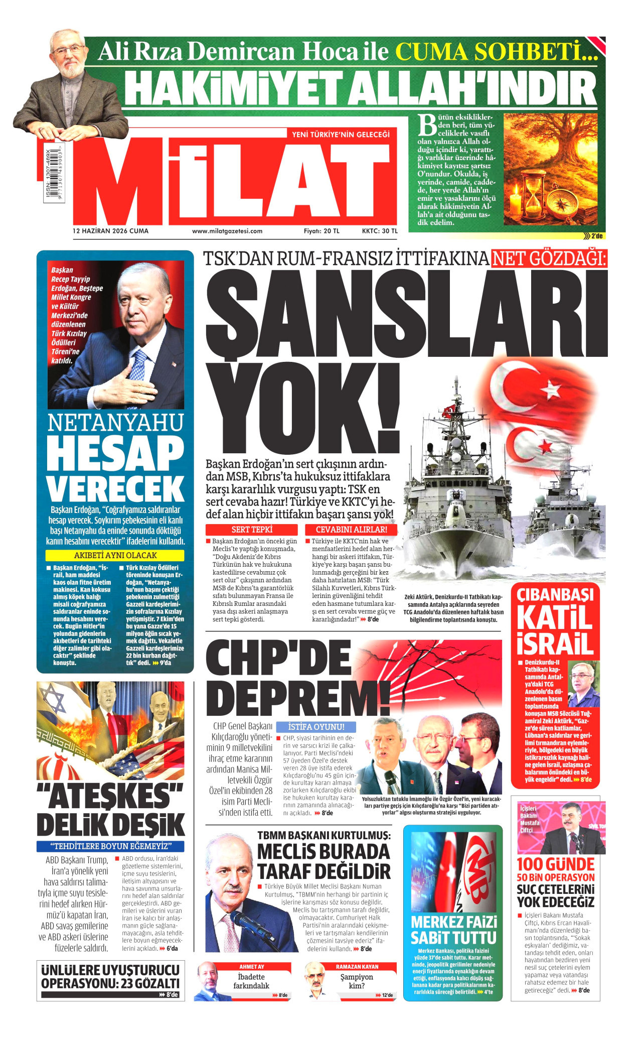 MİLAT gazetesinin 12 Haziran 2026 tarihli birinci sayfası