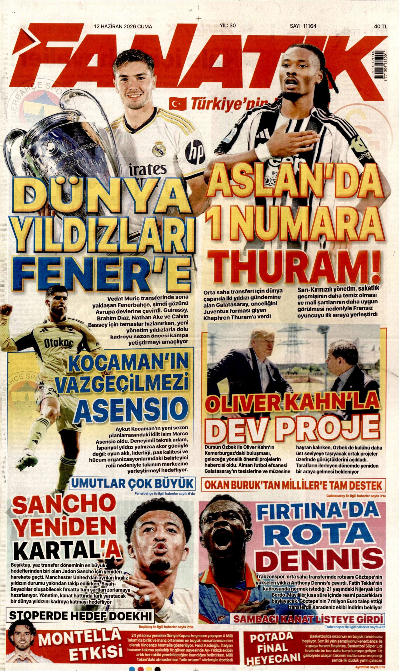 FANATİK gazetesinin 12 Haziran 2026 tarihli birinci sayfası
