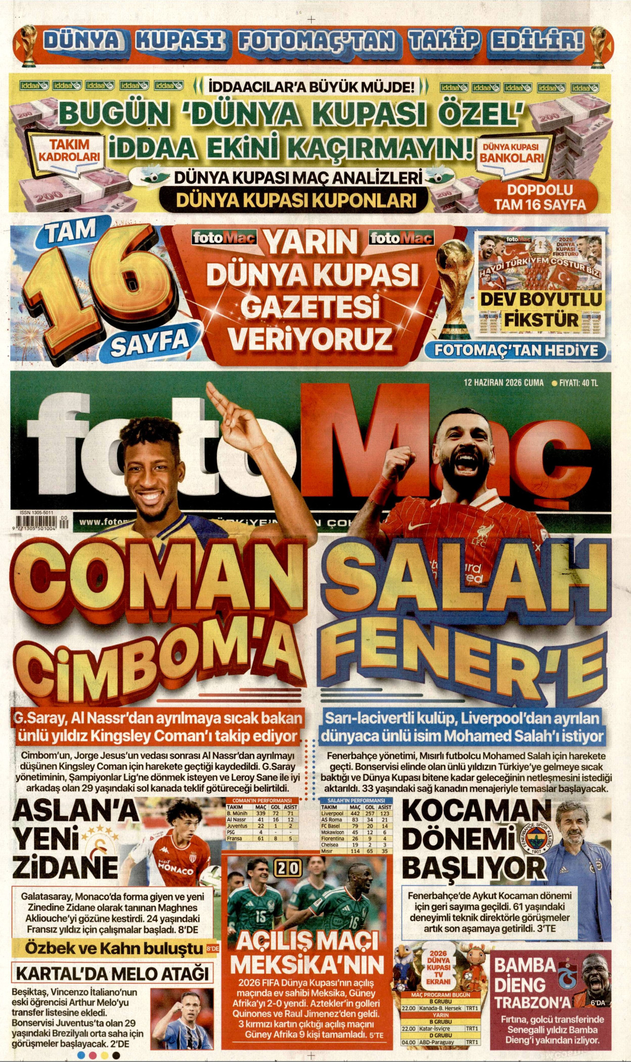 FOTOMAÇ gazetesinin 12 Haziran 2026 tarihli birinci sayfası