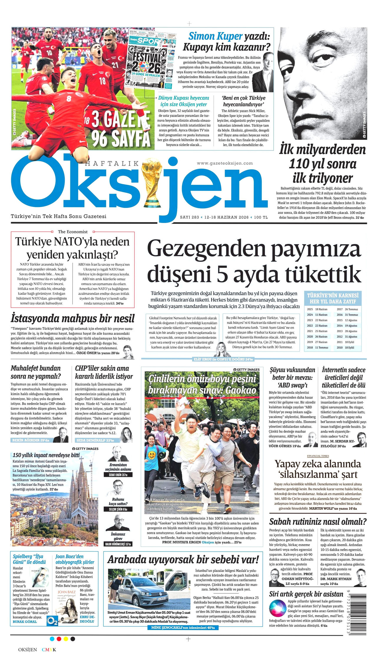 OKSİJEN gazetesinin 12 Haziran 2026 tarihli birinci sayfası