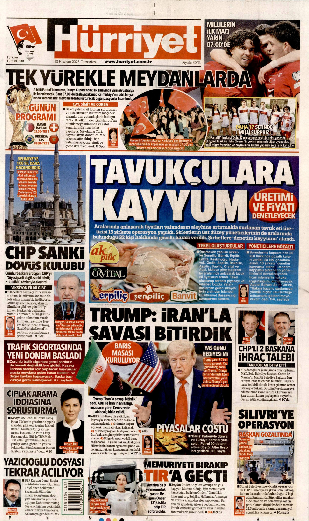 HÜRRİYET gazetesinin 13 Haziran 2026 tarihli birinci sayfası