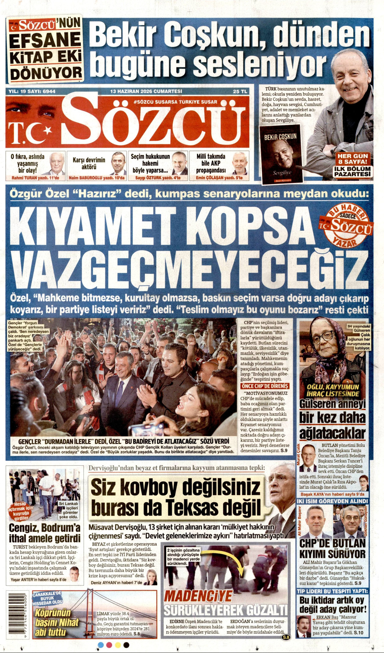 SÖZCÜ gazetesinin 13 Haziran 2026 tarihli birinci sayfası
