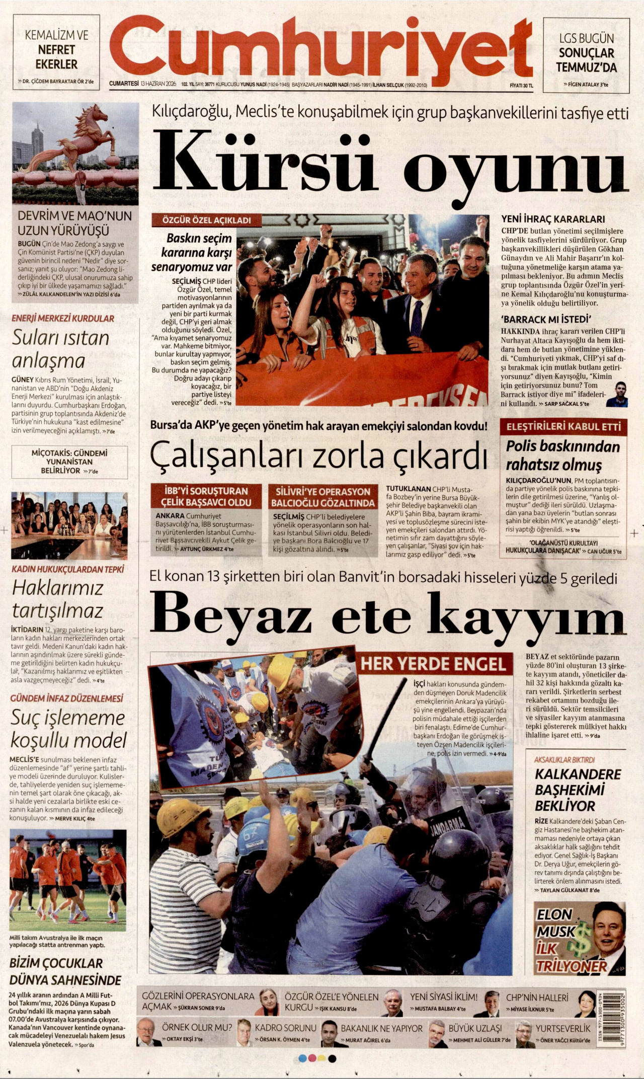 CUMHURİYET gazetesinin 13 Haziran 2026 tarihli birinci sayfası