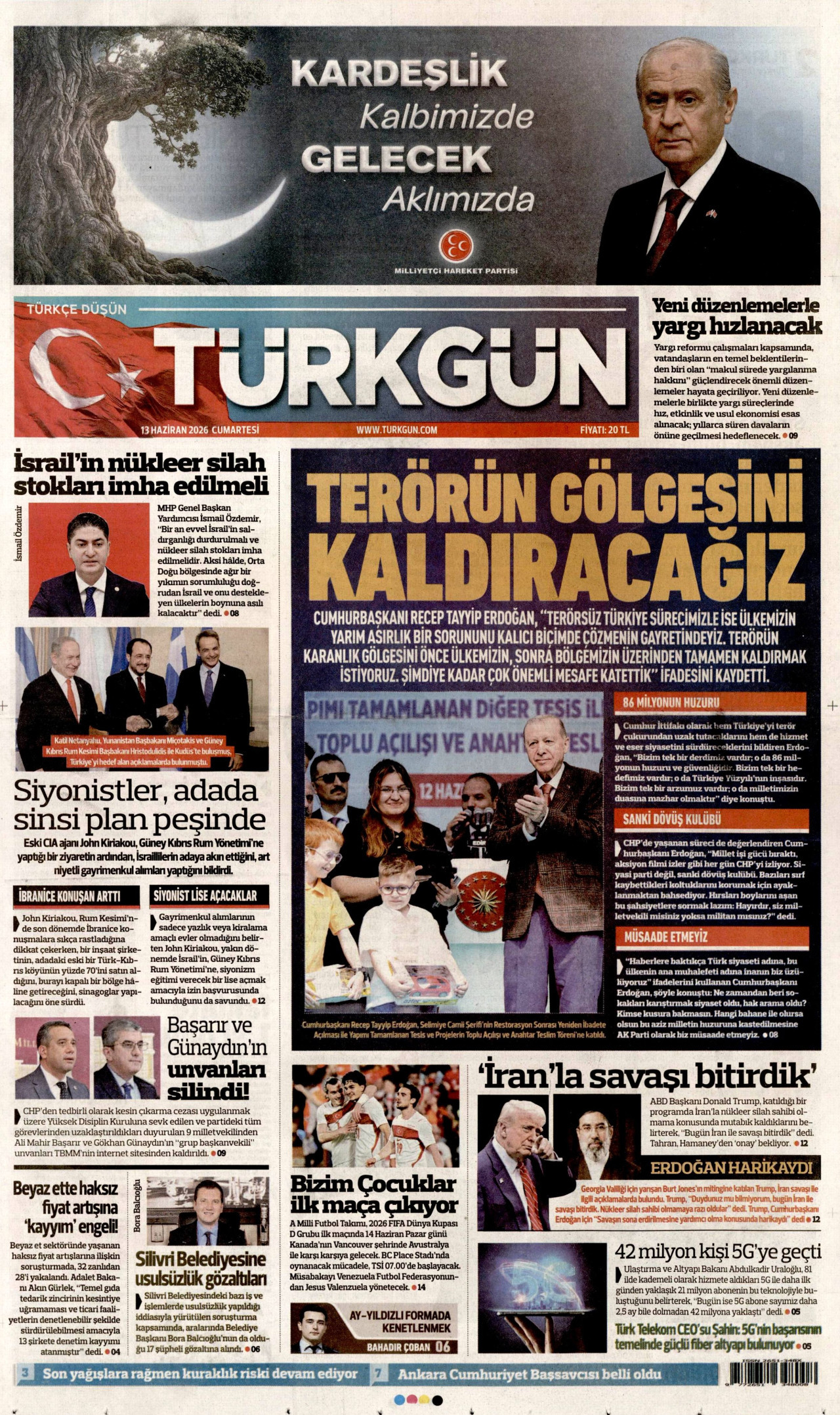 TÜRKGÜN gazetesinin 13 Haziran 2026 tarihli birinci sayfası