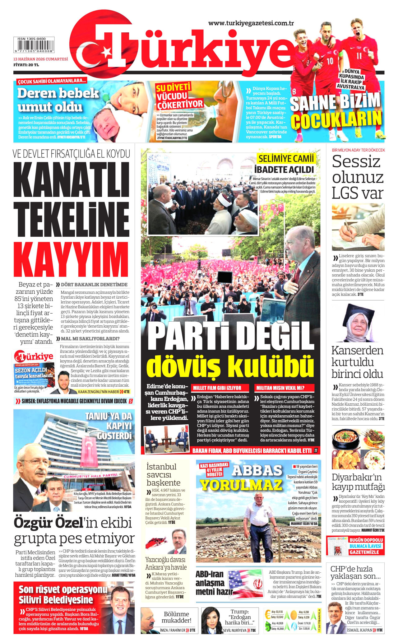 TÜRKİYE GAZETESİ gazetesinin 13 Haziran 2026 tarihli birinci sayfası