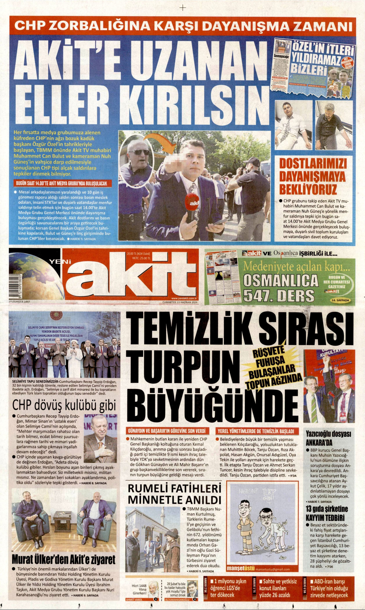 YENİ AKİT gazetesinin 13 Haziran 2026 tarihli birinci sayfası