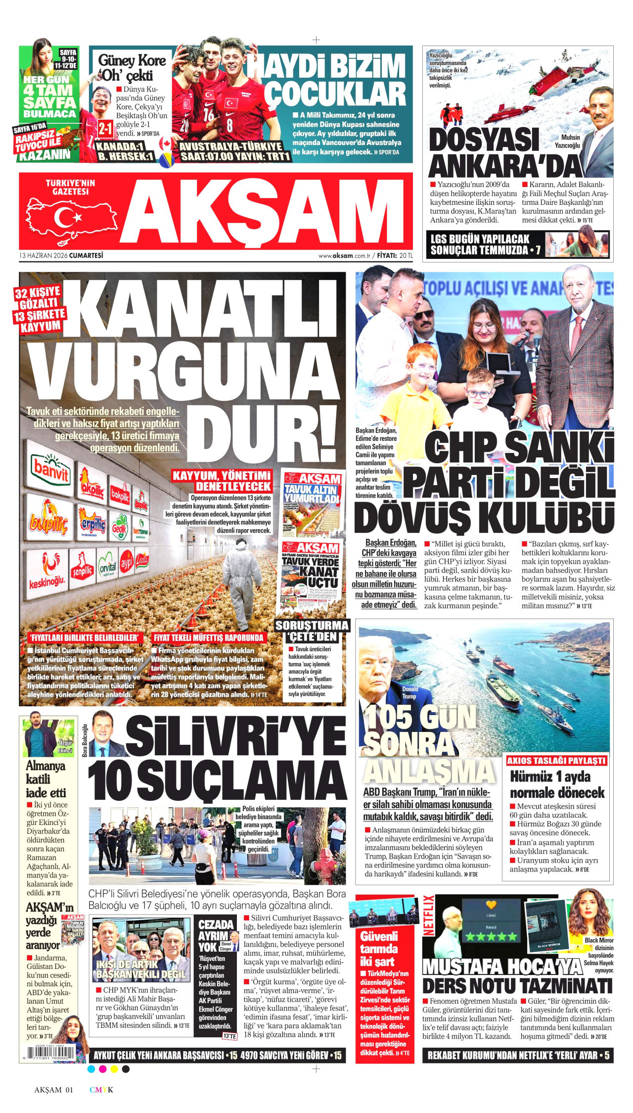 AKŞAM gazetesinin 13 Haziran 2026 tarihli birinci sayfası
