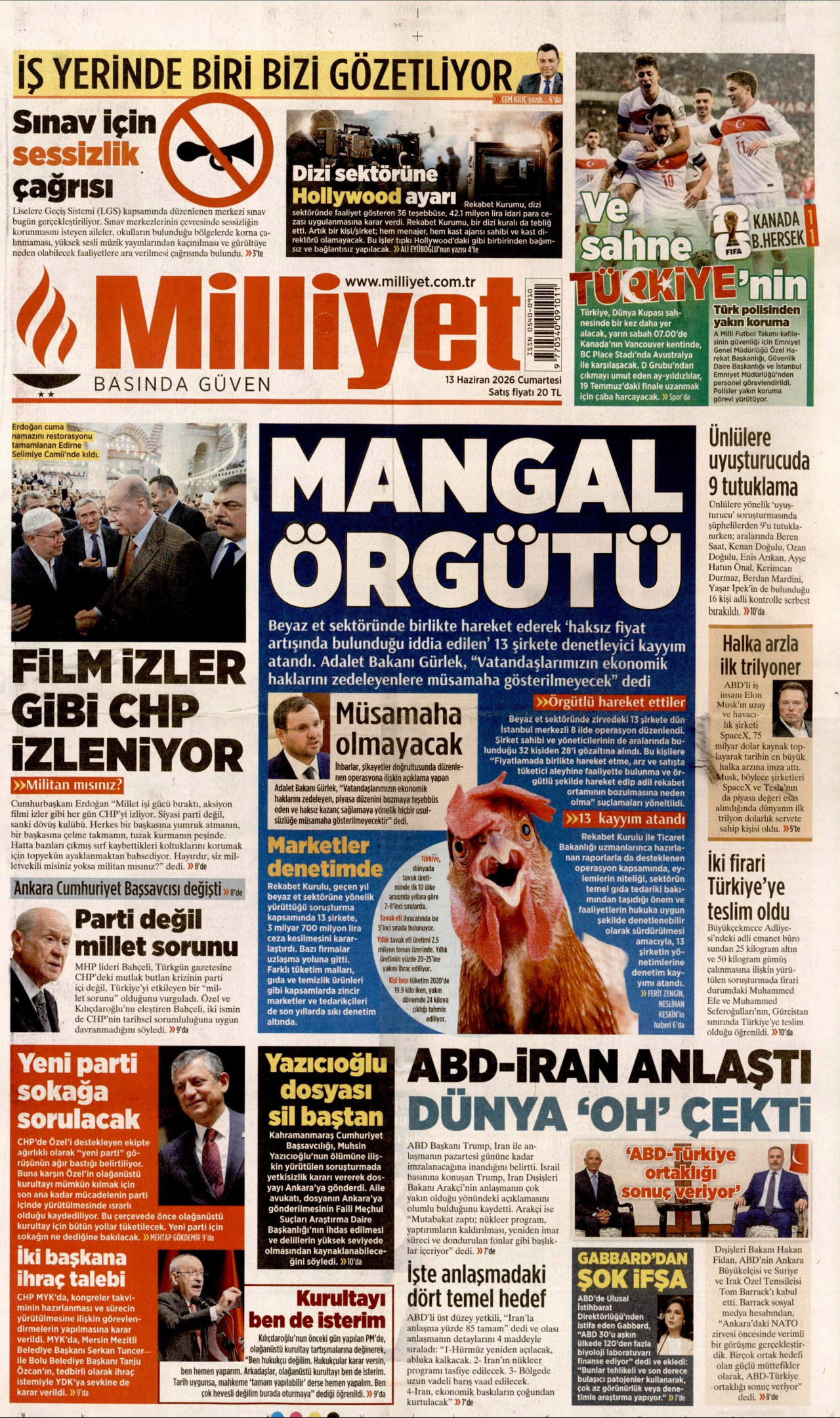 MİLLİYET gazetesinin 13 Haziran 2026 tarihli birinci sayfası