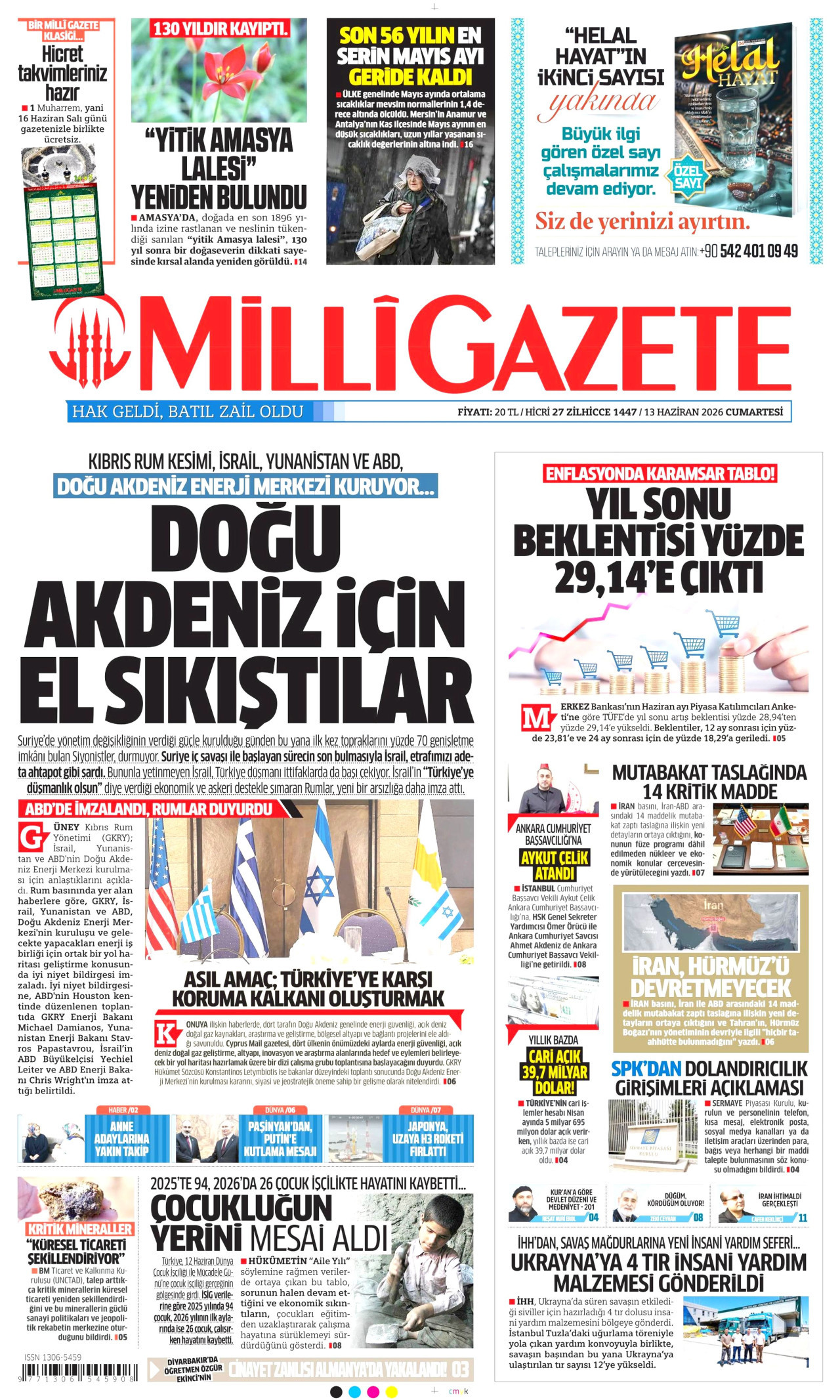 MİLLİ GAZETE gazetesinin 13 Haziran 2026 tarihli birinci sayfası