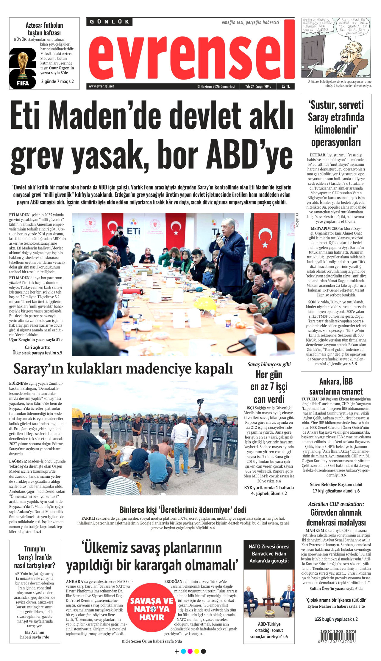 EVRENSEL gazetesinin 13 Haziran 2026 tarihli birinci sayfası