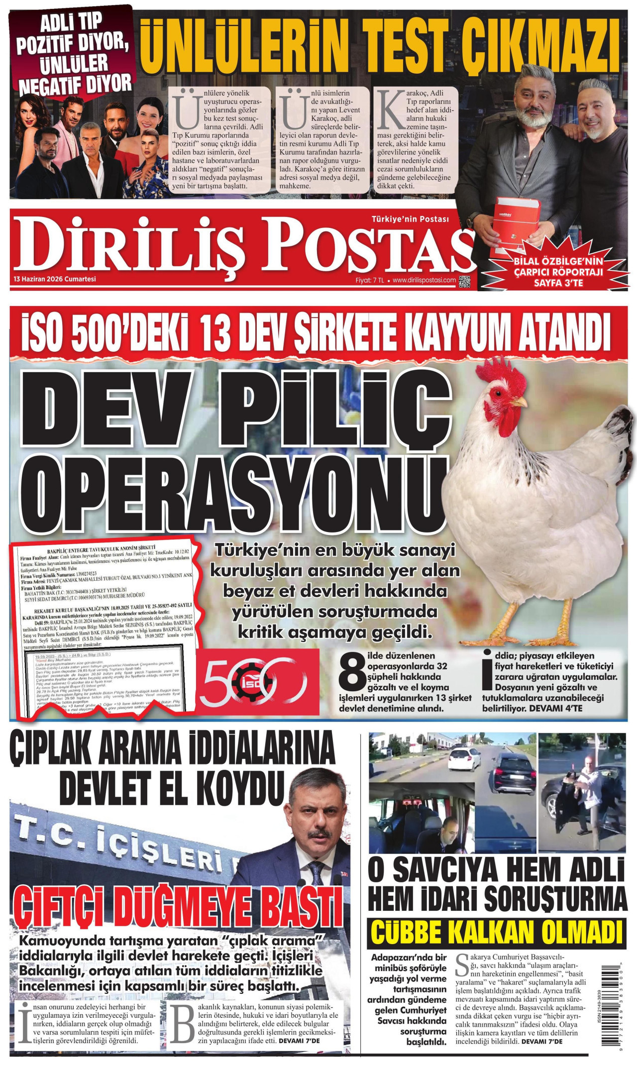 DİRİLİŞ POSTASI gazetesinin 13 Haziran 2026 tarihli birinci sayfası