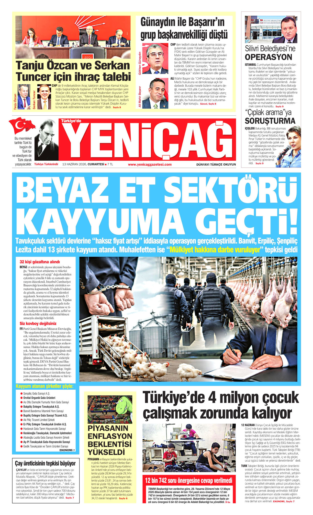 YENİÇAĞ gazetesinin 13 Haziran 2026 tarihli birinci sayfası