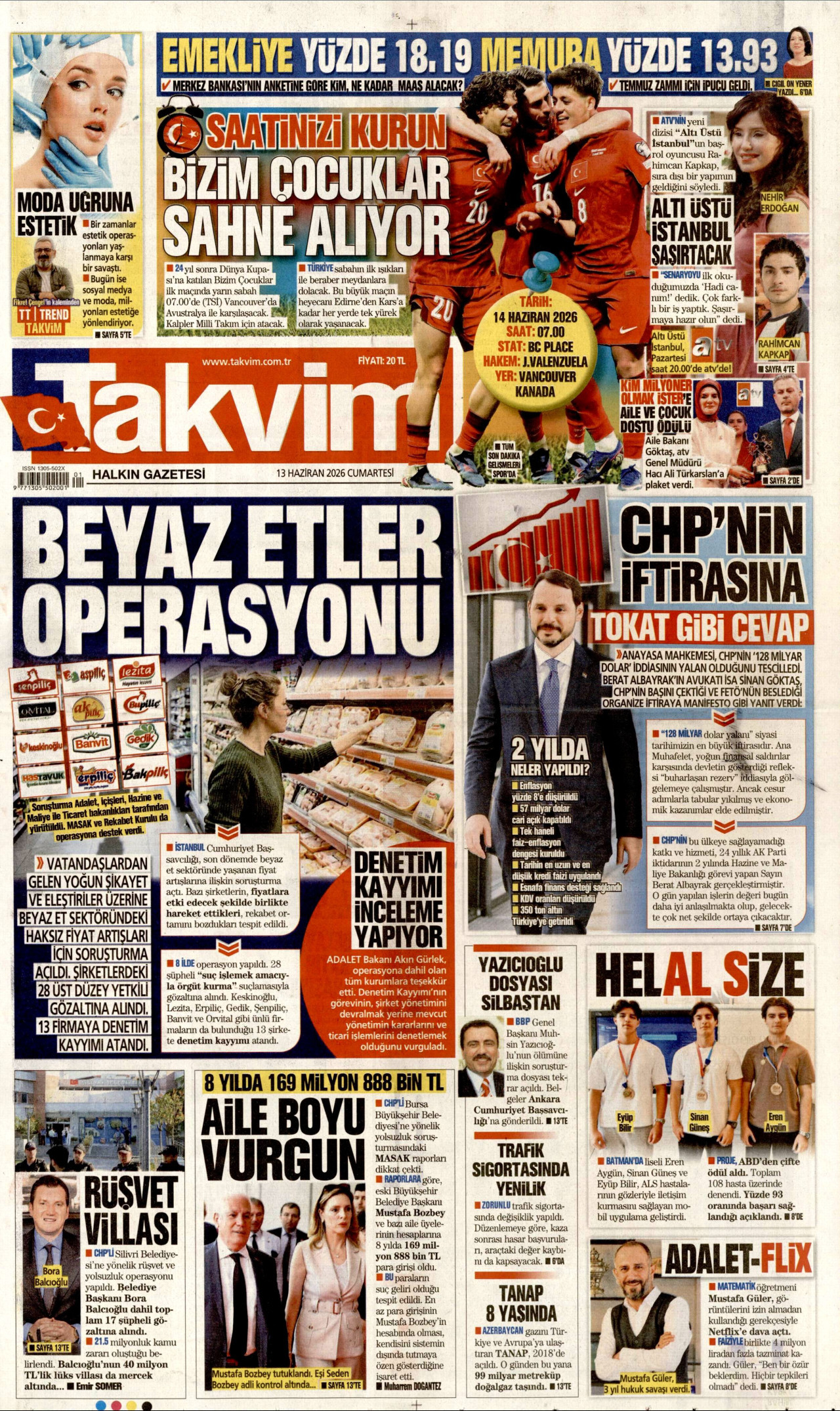 TAKVİM gazetesinin 13 Haziran 2026 tarihli birinci sayfası