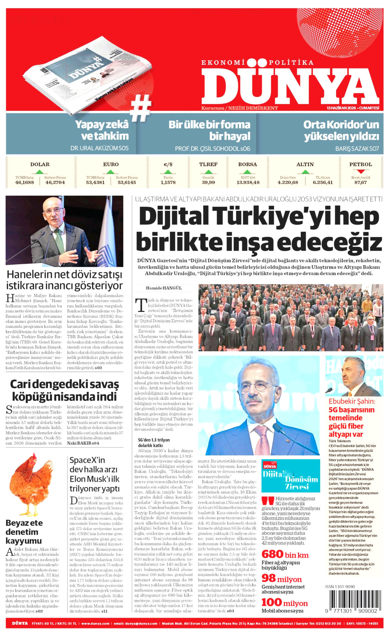 DÜNYA gazetesinin 13 Haziran 2026 tarihli birinci sayfası