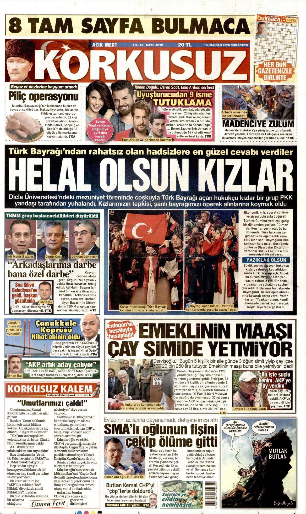 KORKUSUZ gazetesinin 13 Haziran 2026 tarihli birinci sayfası