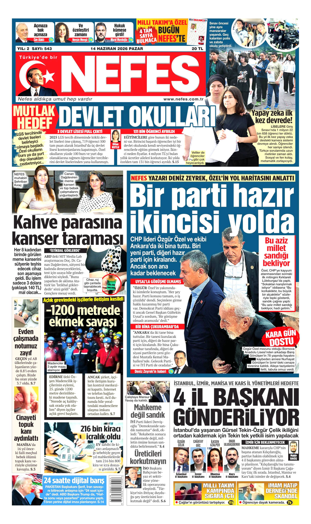NEFES gazetesinin 14 Haziran 2026 tarihli birinci sayfası