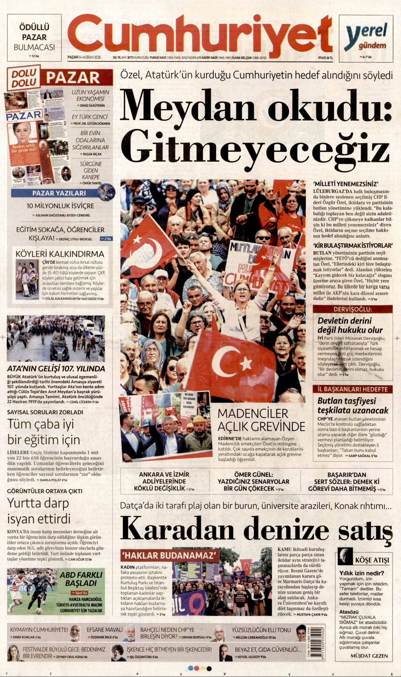 CUMHURİYET gazetesinin 14 Haziran 2026 tarihli birinci sayfası
