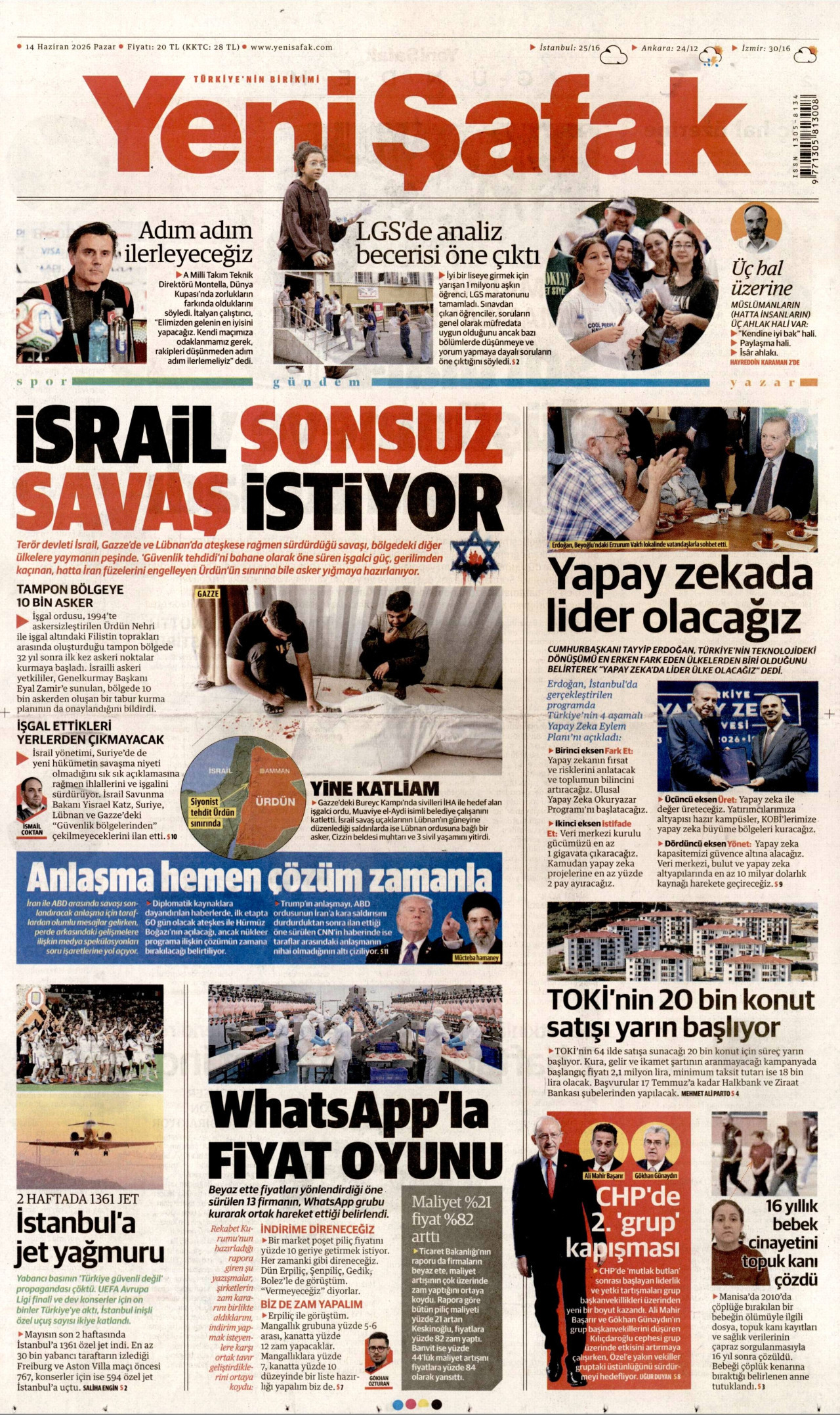 YENİ ŞAFAK gazetesinin 14 Haziran 2026 tarihli birinci sayfası