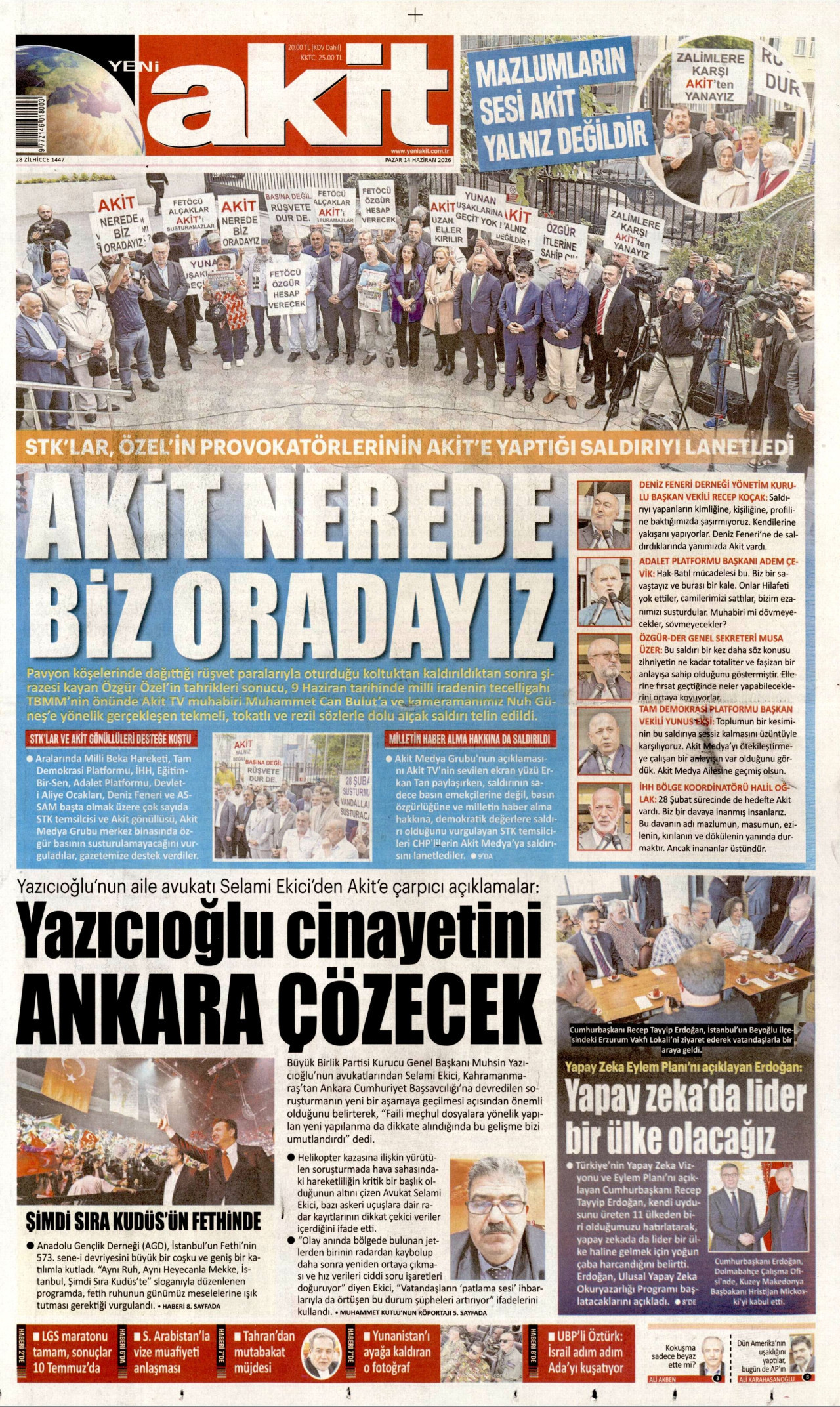 YENİ AKİT gazetesinin 14 Haziran 2026 tarihli birinci sayfası