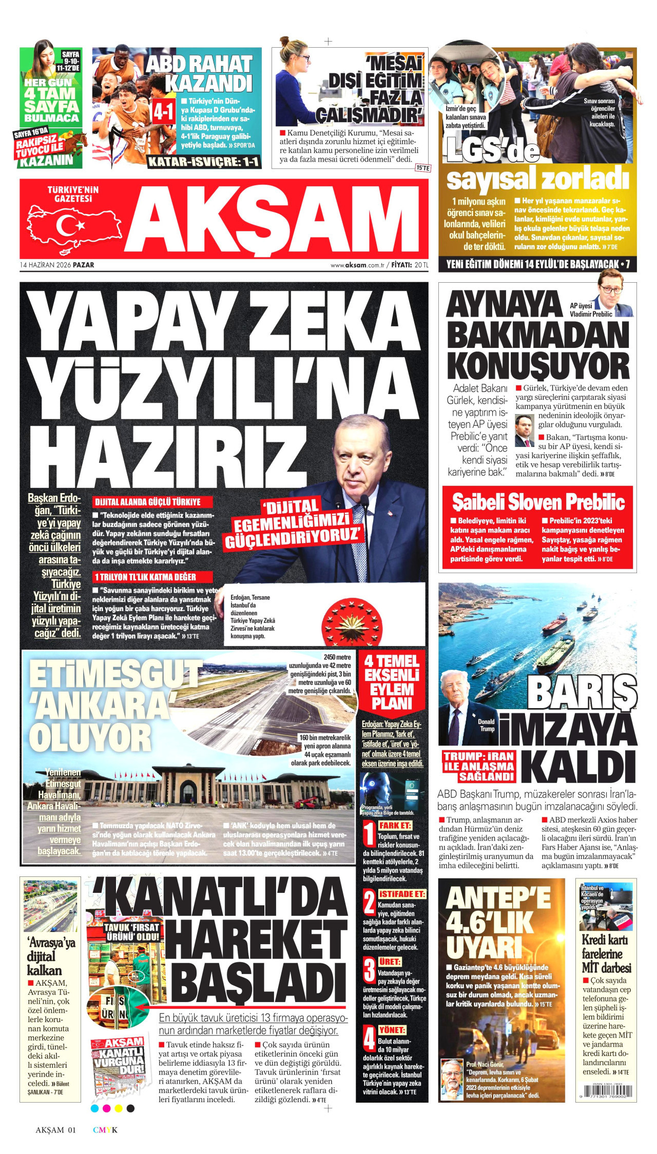 AKŞAM gazetesinin 14 Haziran 2026 tarihli birinci sayfası
