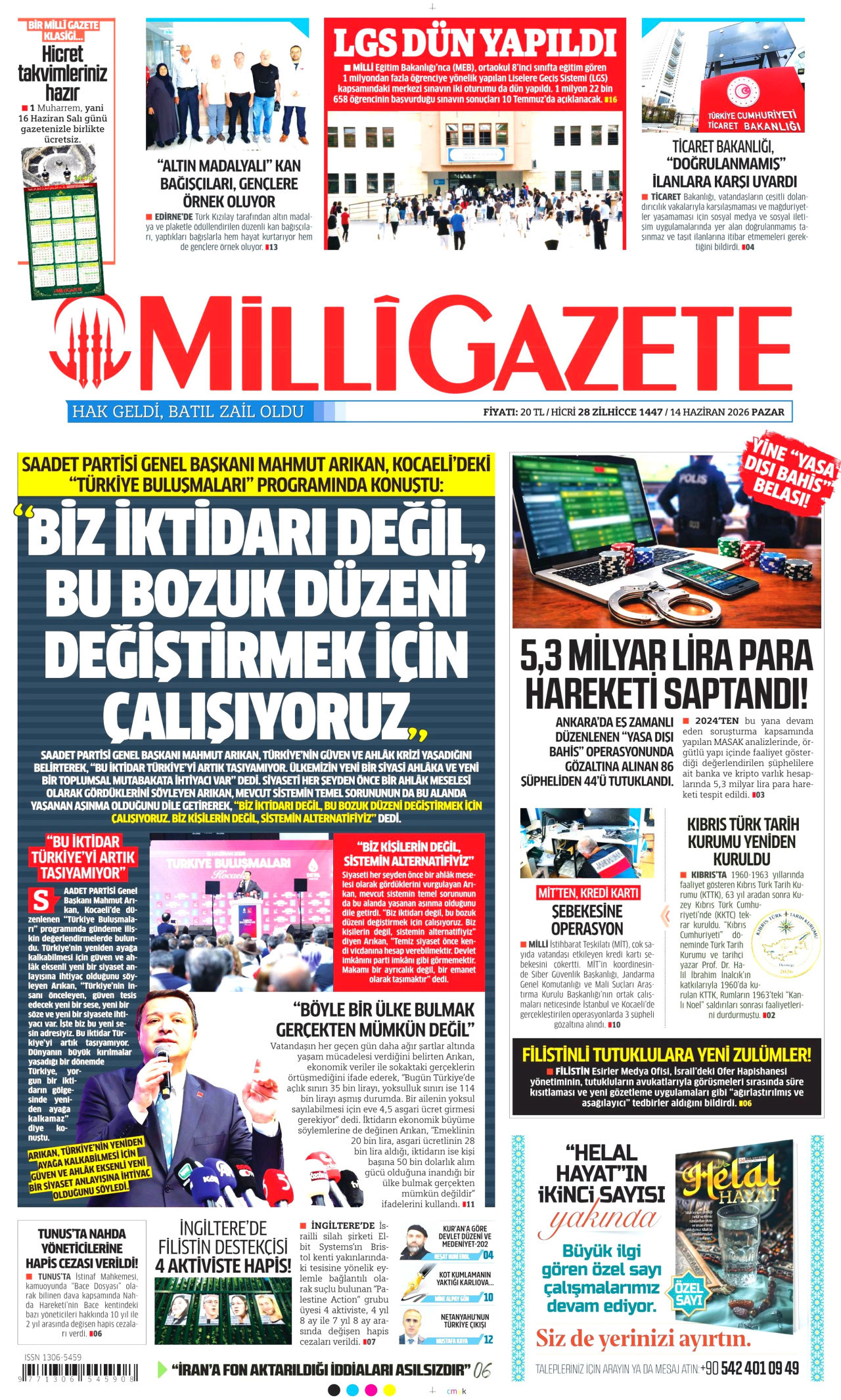 MİLLİ GAZETE gazetesinin 14 Haziran 2026 tarihli birinci sayfası