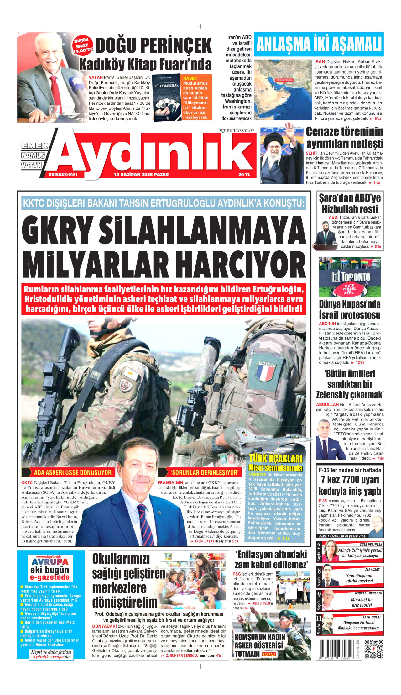 AYDINLIK GAZETESİ gazetesinin 14 Haziran 2026 tarihli birinci sayfası