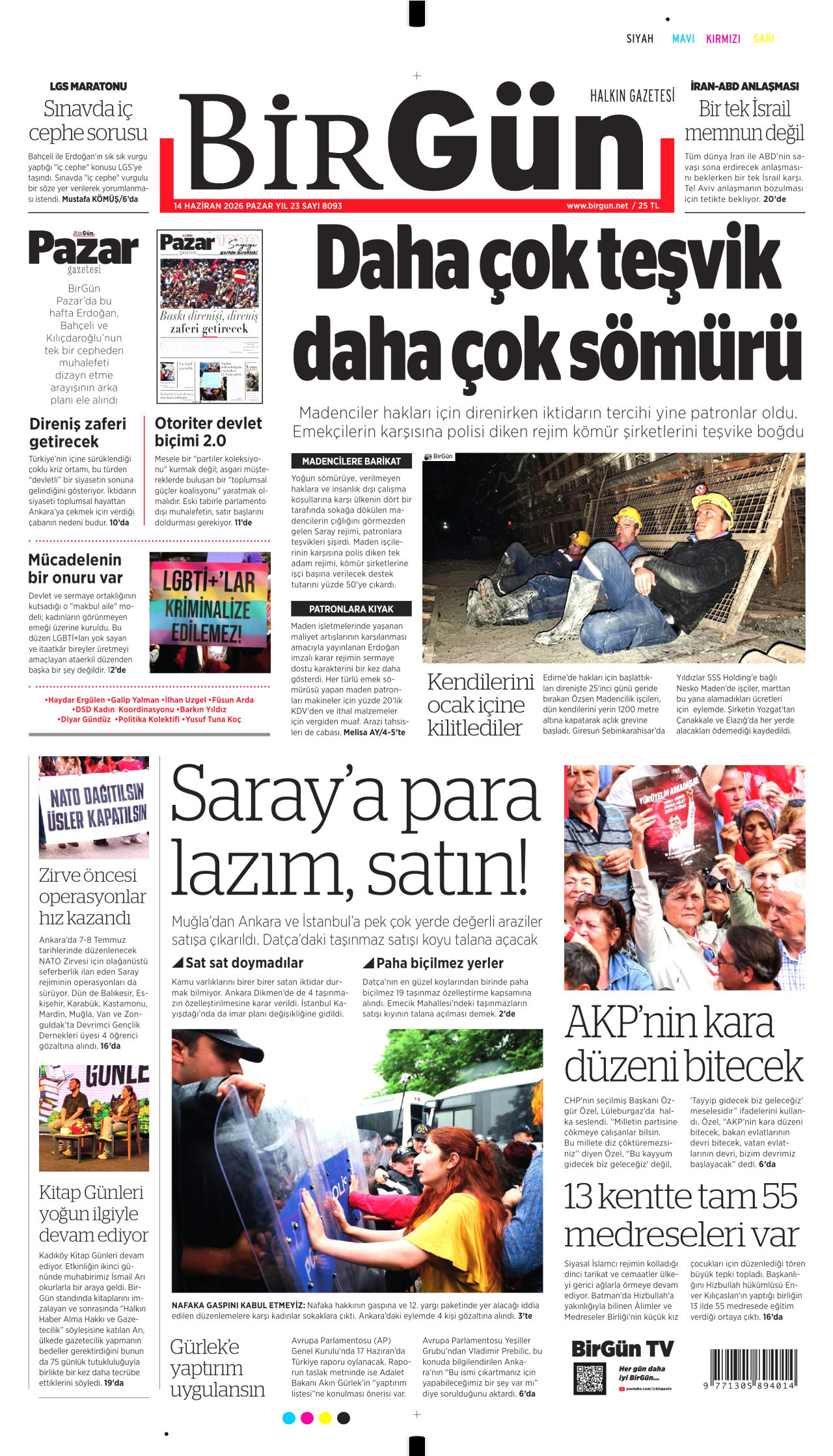 BİRGÜN gazetesinin 14 Haziran 2026 tarihli birinci sayfası