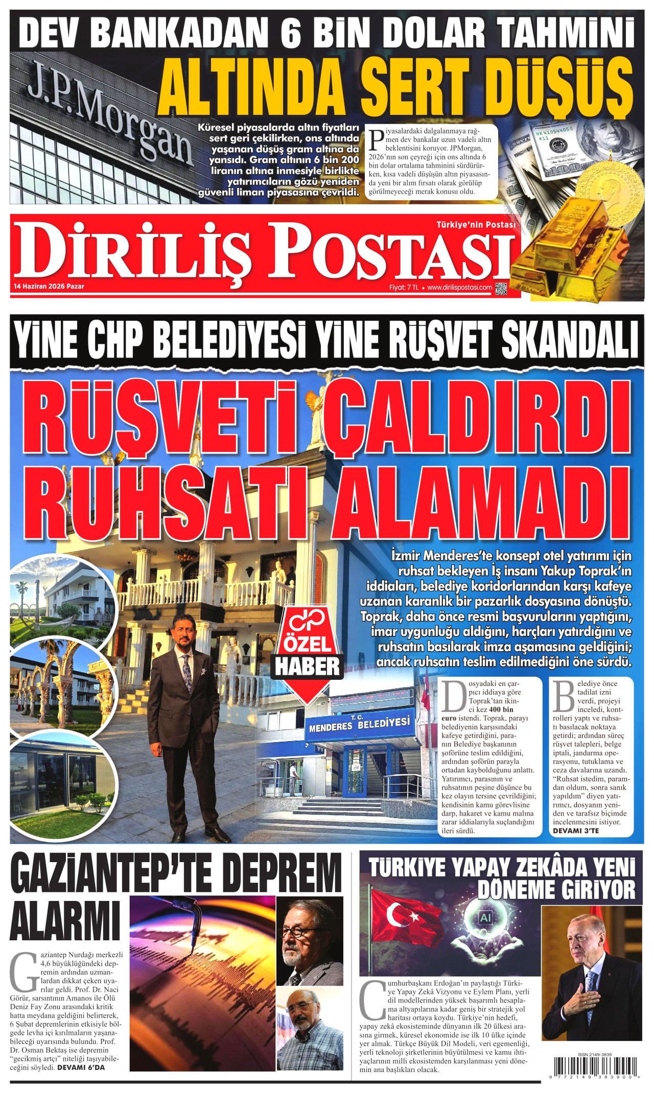DİRİLİŞ POSTASI gazetesinin 14 Haziran 2026 tarihli birinci sayfası