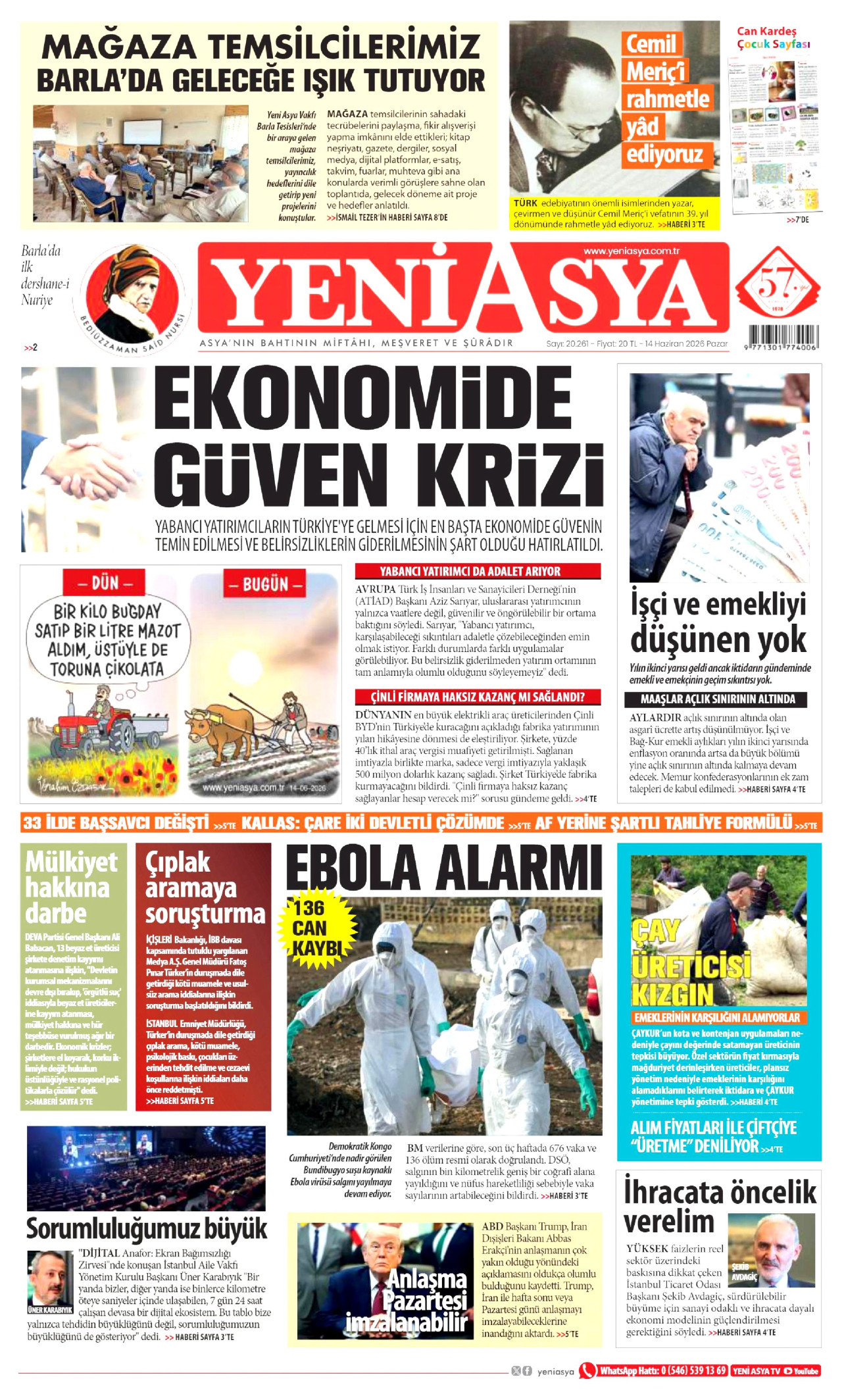YENİ ASYA gazetesinin 14 Haziran 2026 tarihli birinci sayfası