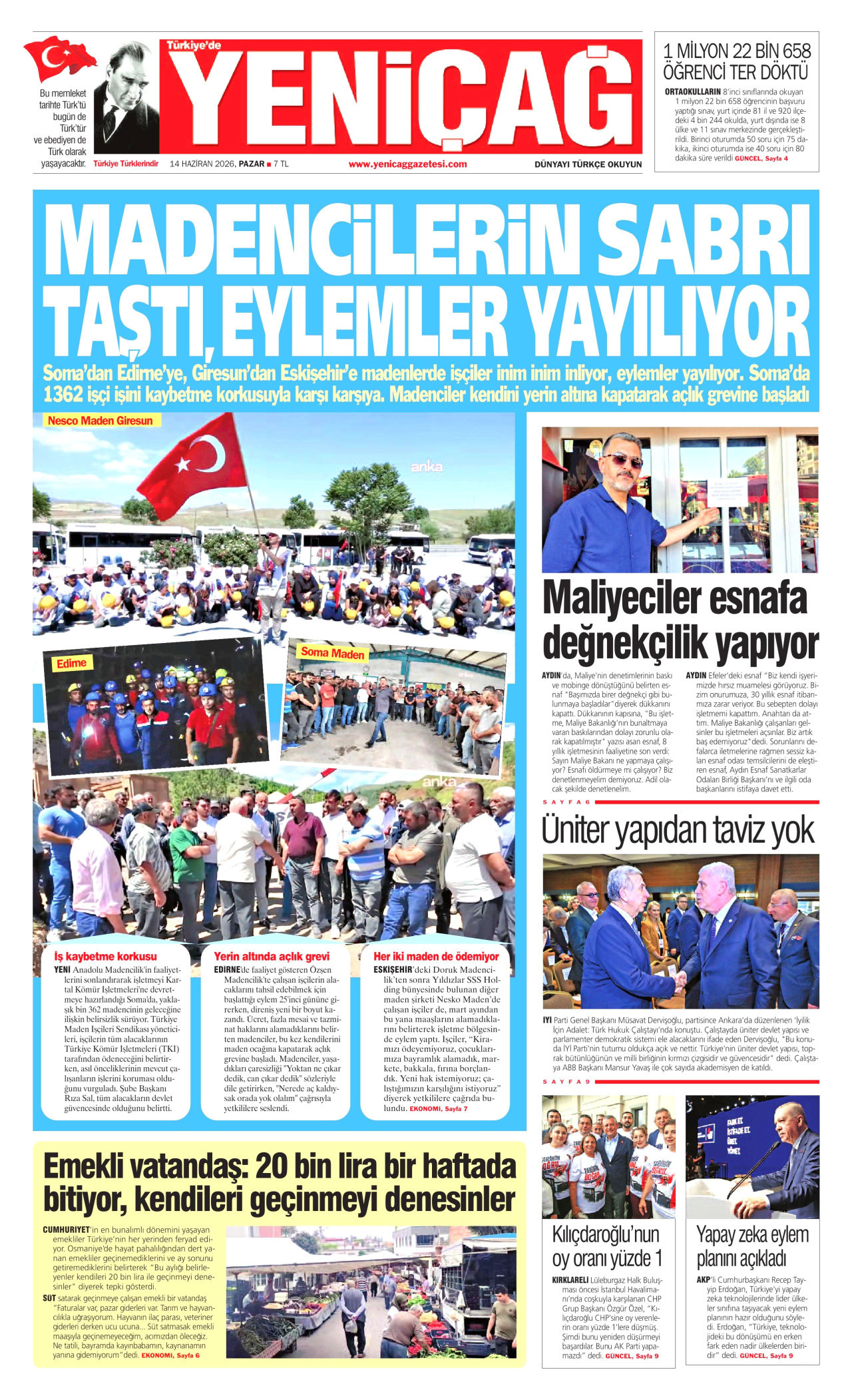 YENİÇAĞ gazetesinin 14 Haziran 2026 tarihli birinci sayfası