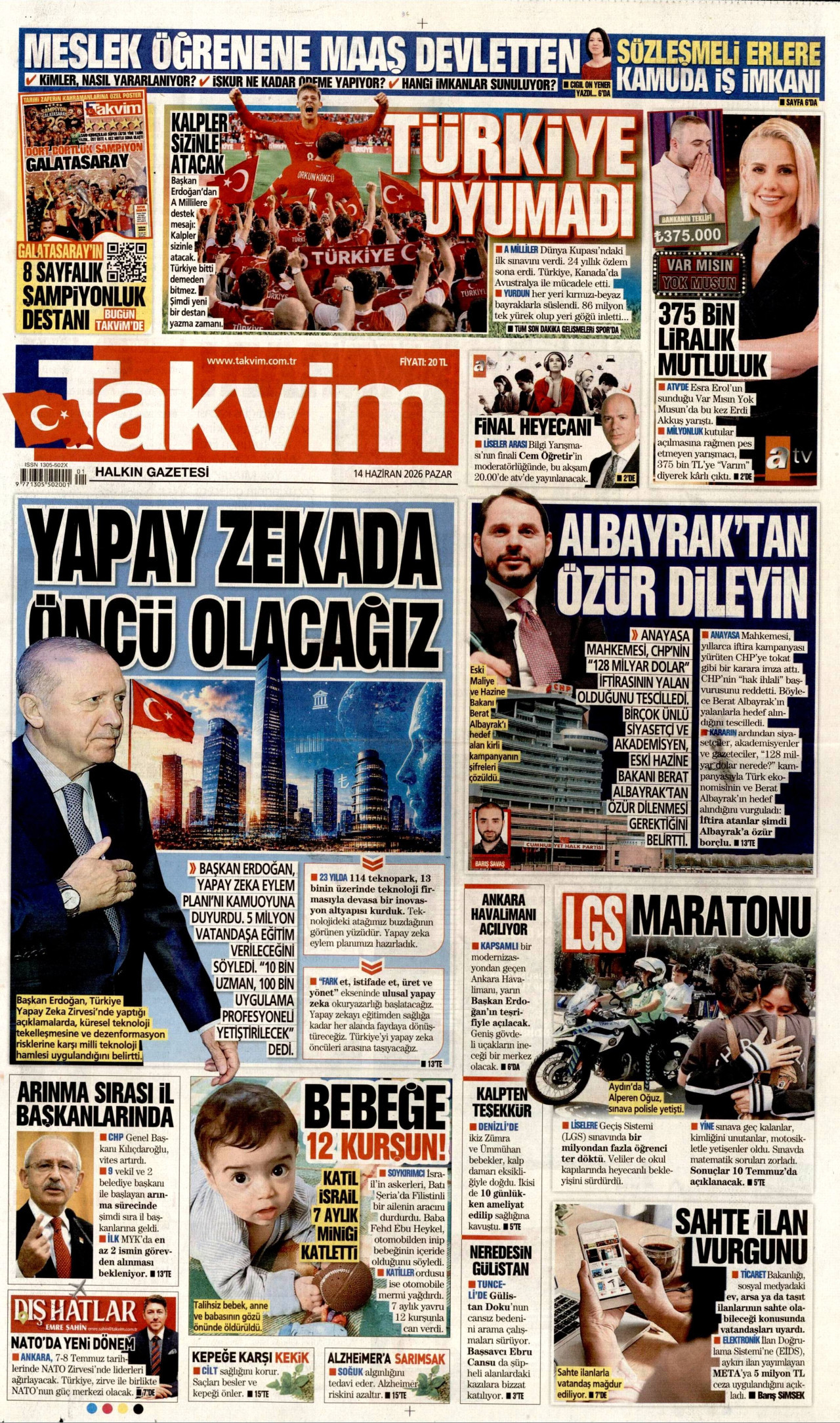 TAKVİM gazetesinin 14 Haziran 2026 tarihli birinci sayfası