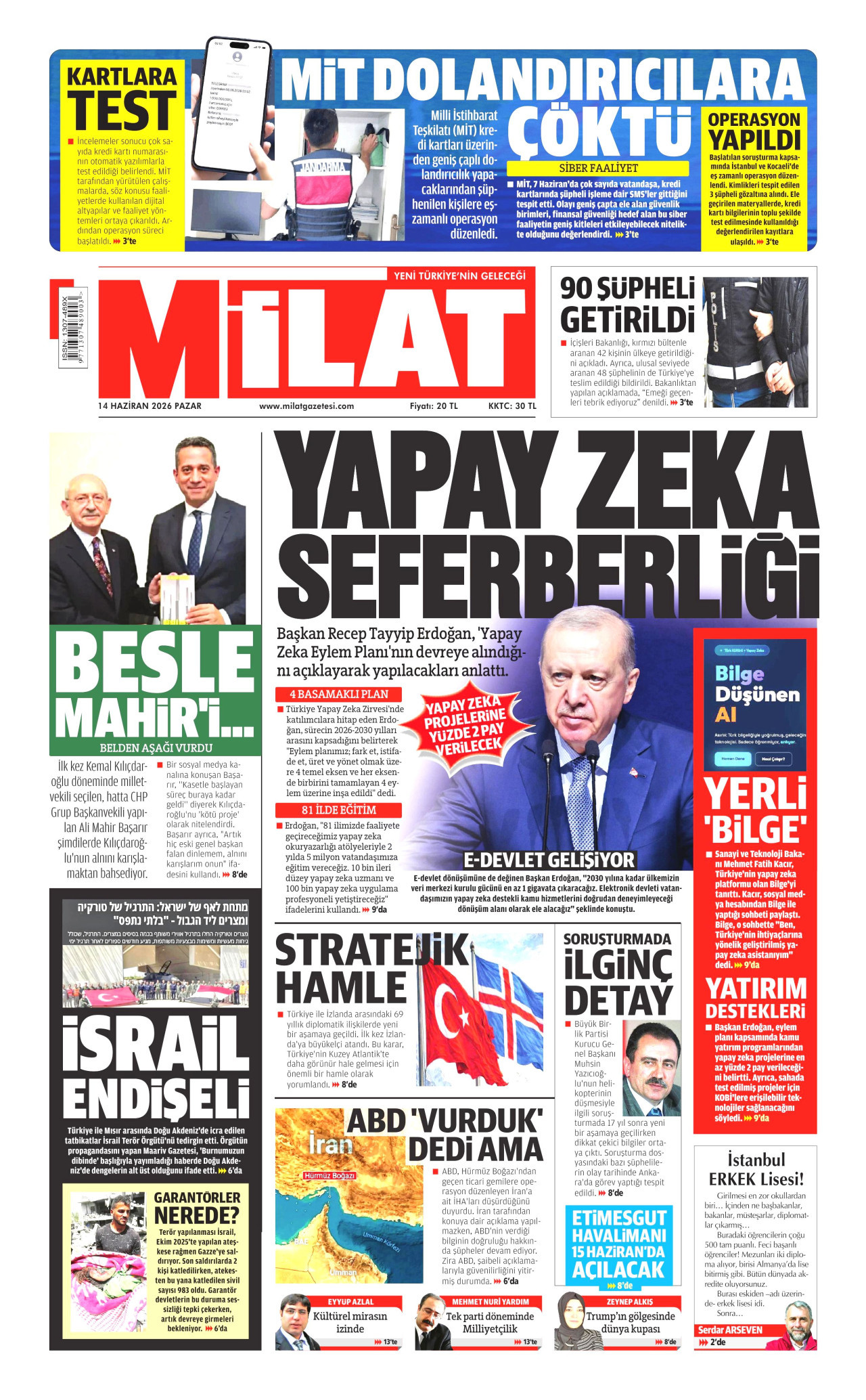 MİLAT gazetesinin 14 Haziran 2026 tarihli birinci sayfası
