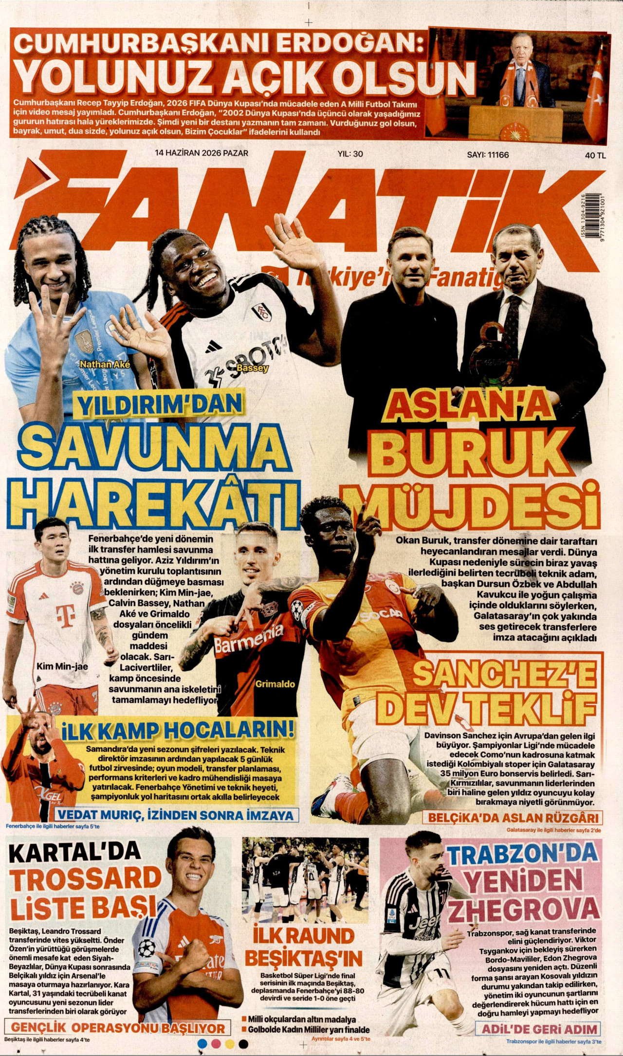 FANATİK gazetesinin 14 Haziran 2026 tarihli birinci sayfası
