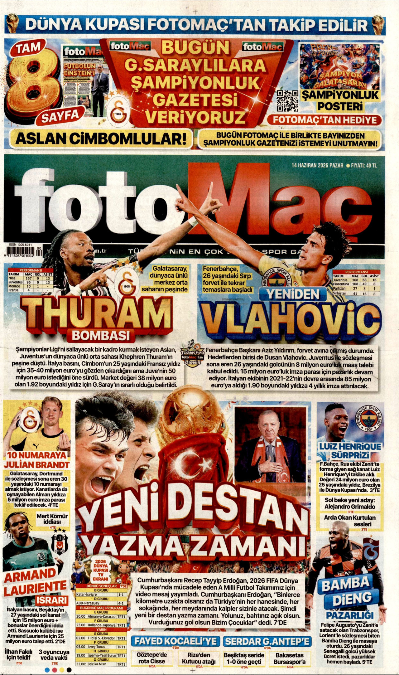FOTOMAÇ gazetesinin 14 Haziran 2026 tarihli birinci sayfası