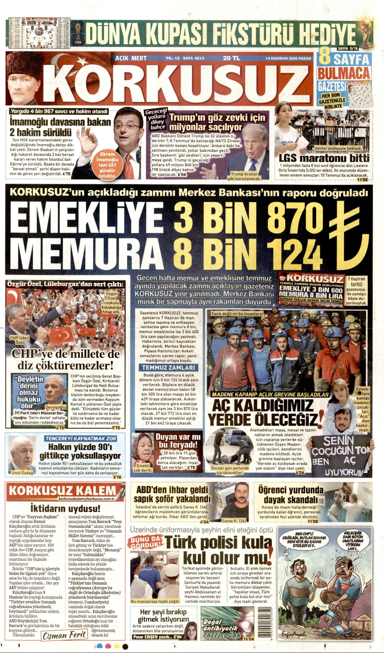KORKUSUZ gazetesinin 14 Haziran 2026 tarihli birinci sayfası