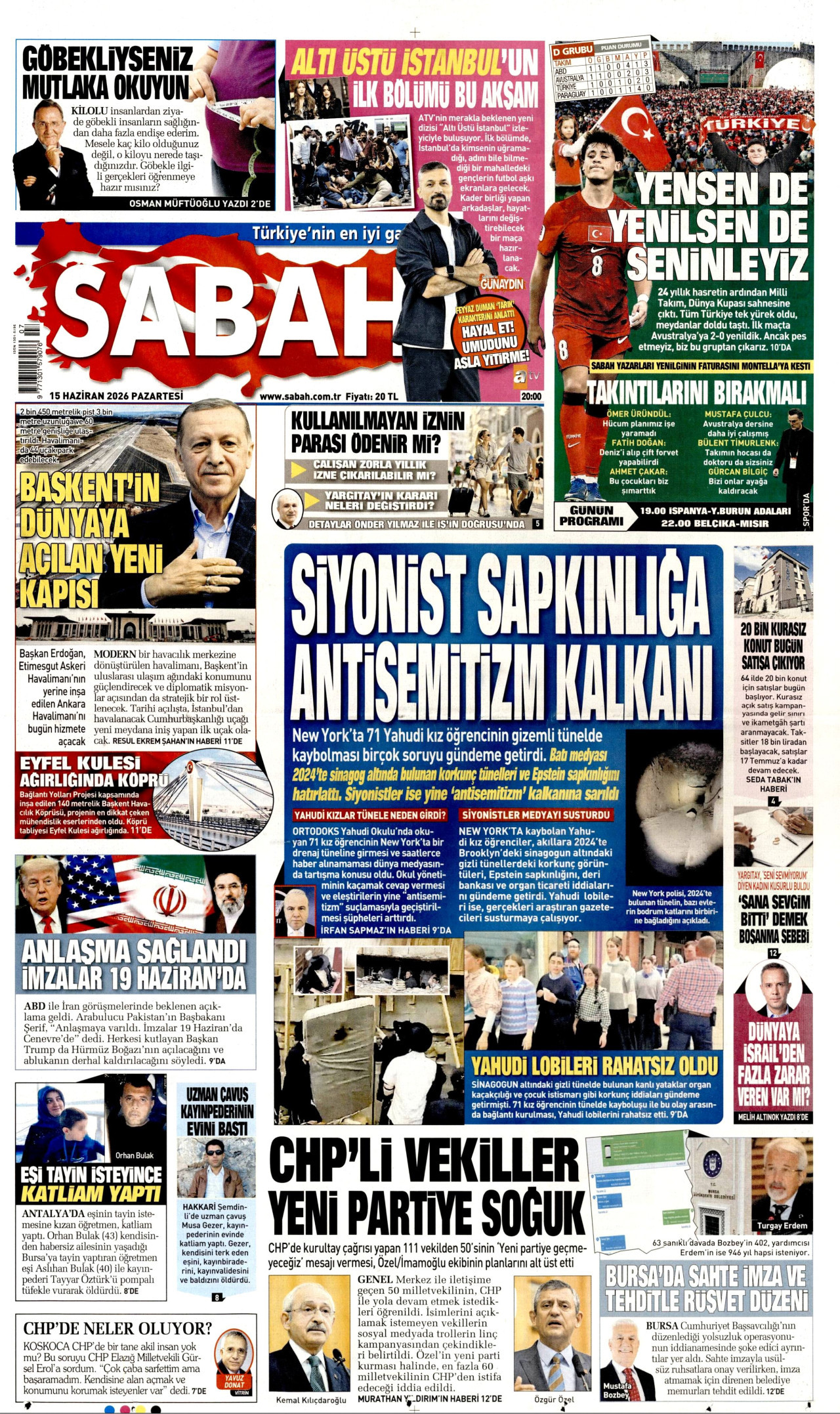 SABAH gazetesinin 15 Haziran 2026 tarihli birinci sayfası