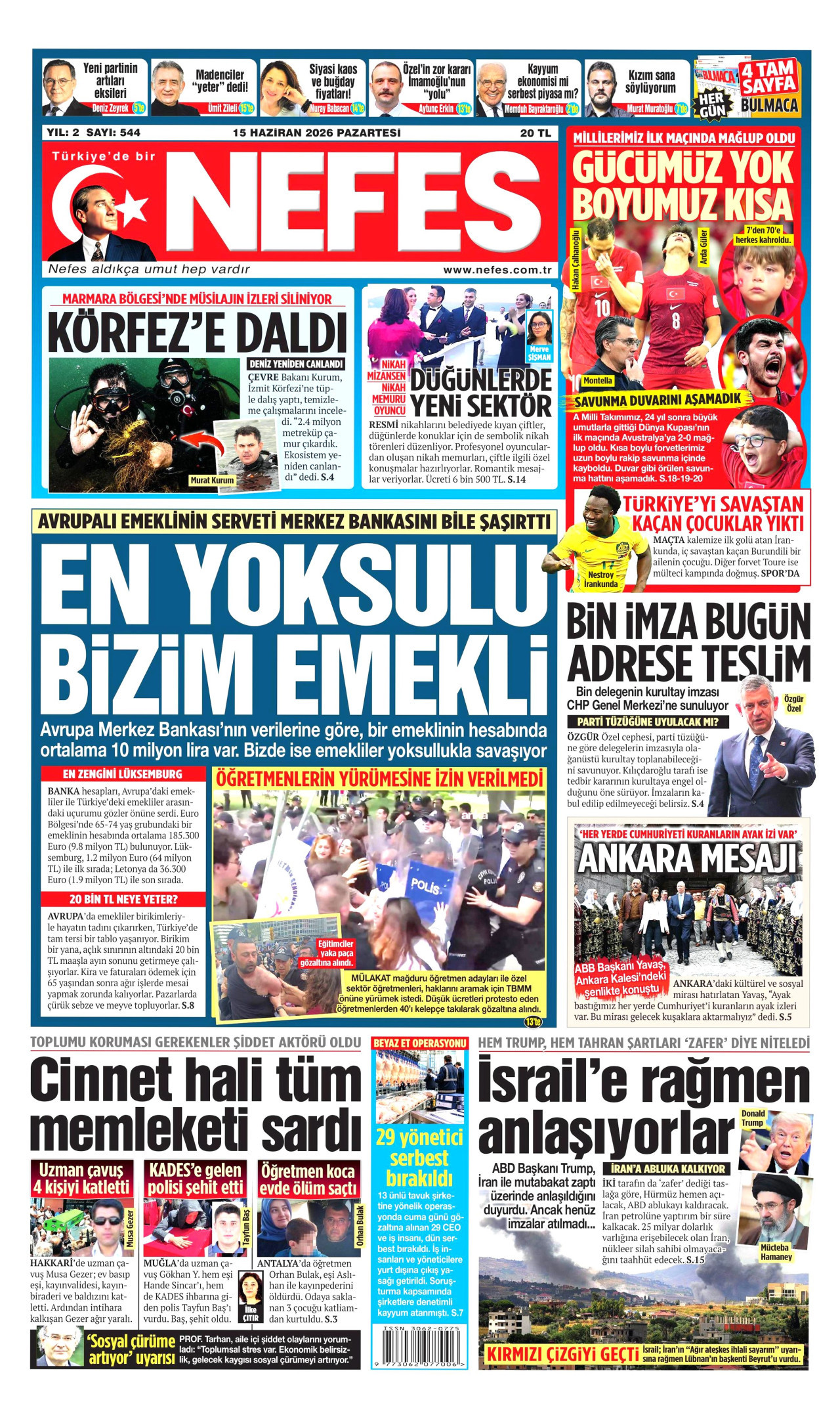 NEFES gazetesinin 15 Haziran 2026 tarihli birinci sayfası