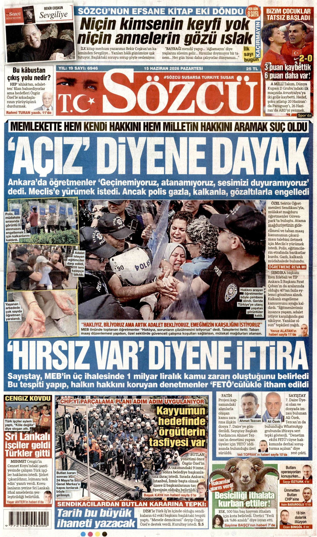 SÖZCÜ gazetesinin 15 Haziran 2026 tarihli birinci sayfası