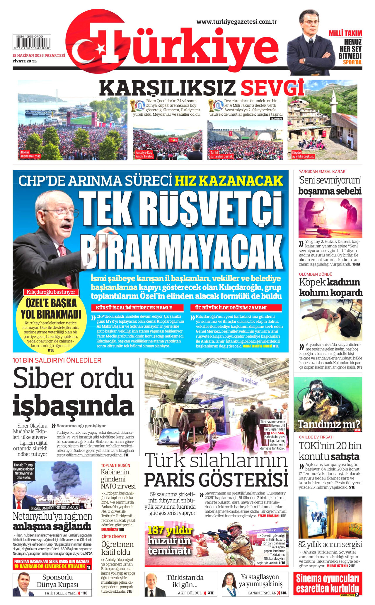 TÜRKİYE GAZETESİ gazetesinin 15 Haziran 2026 tarihli birinci sayfası