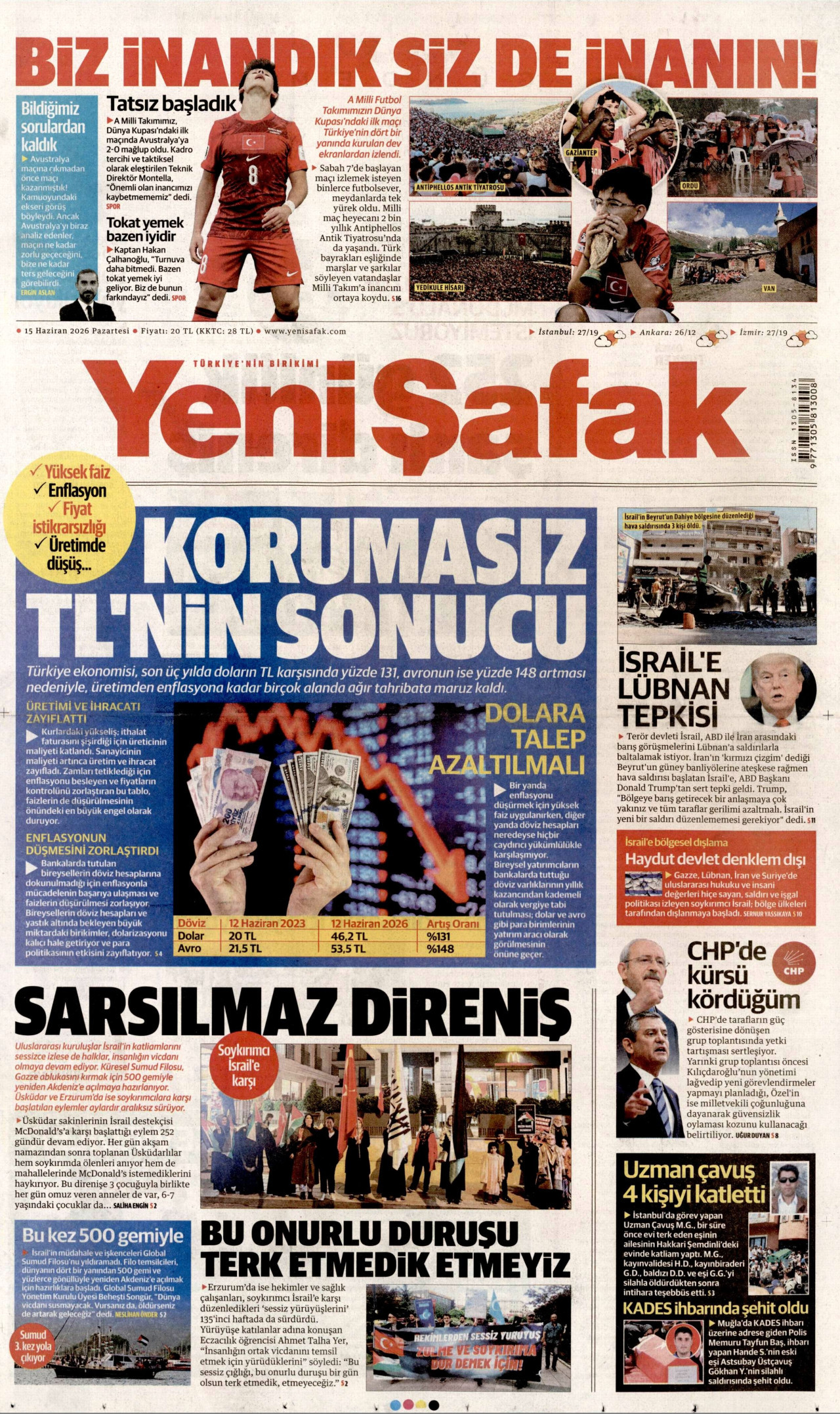 YENİ ŞAFAK gazetesinin 15 Haziran 2026 tarihli birinci sayfası