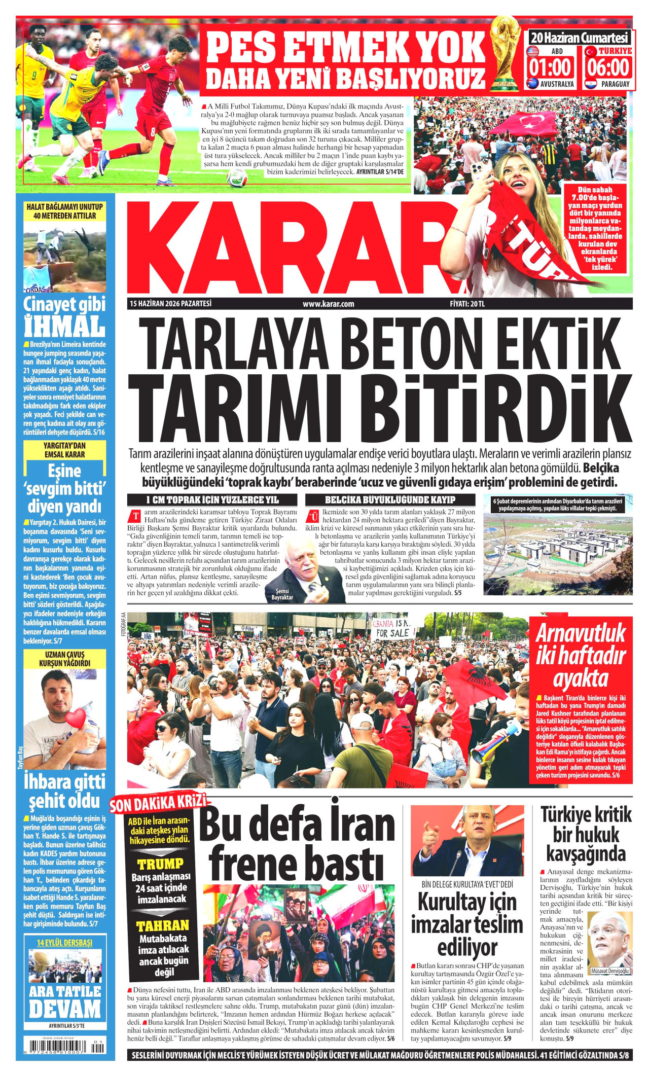 KARAR gazetesinin 15 Haziran 2026 tarihli birinci sayfası