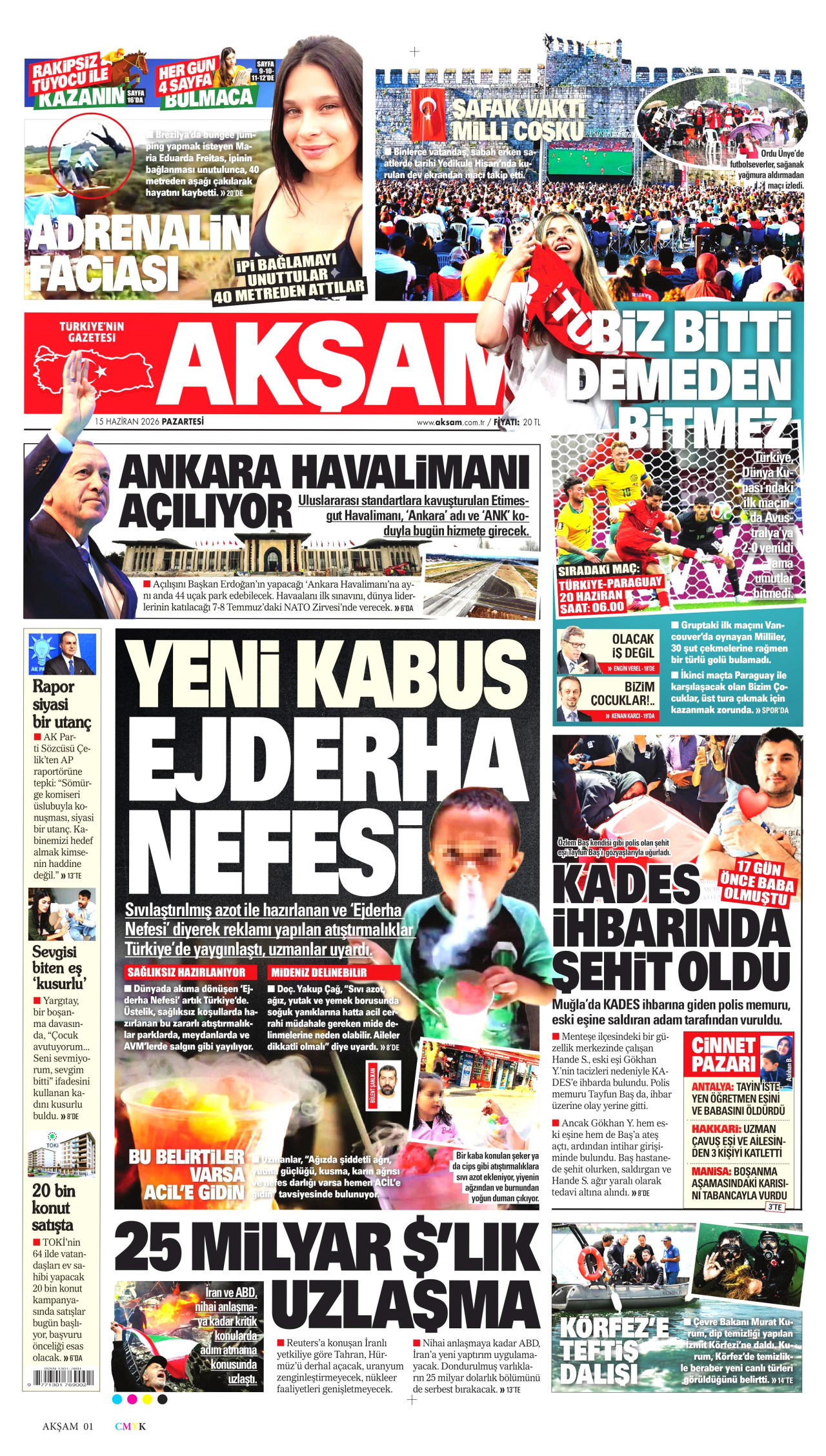 AKŞAM gazetesinin 15 Haziran 2026 tarihli birinci sayfası