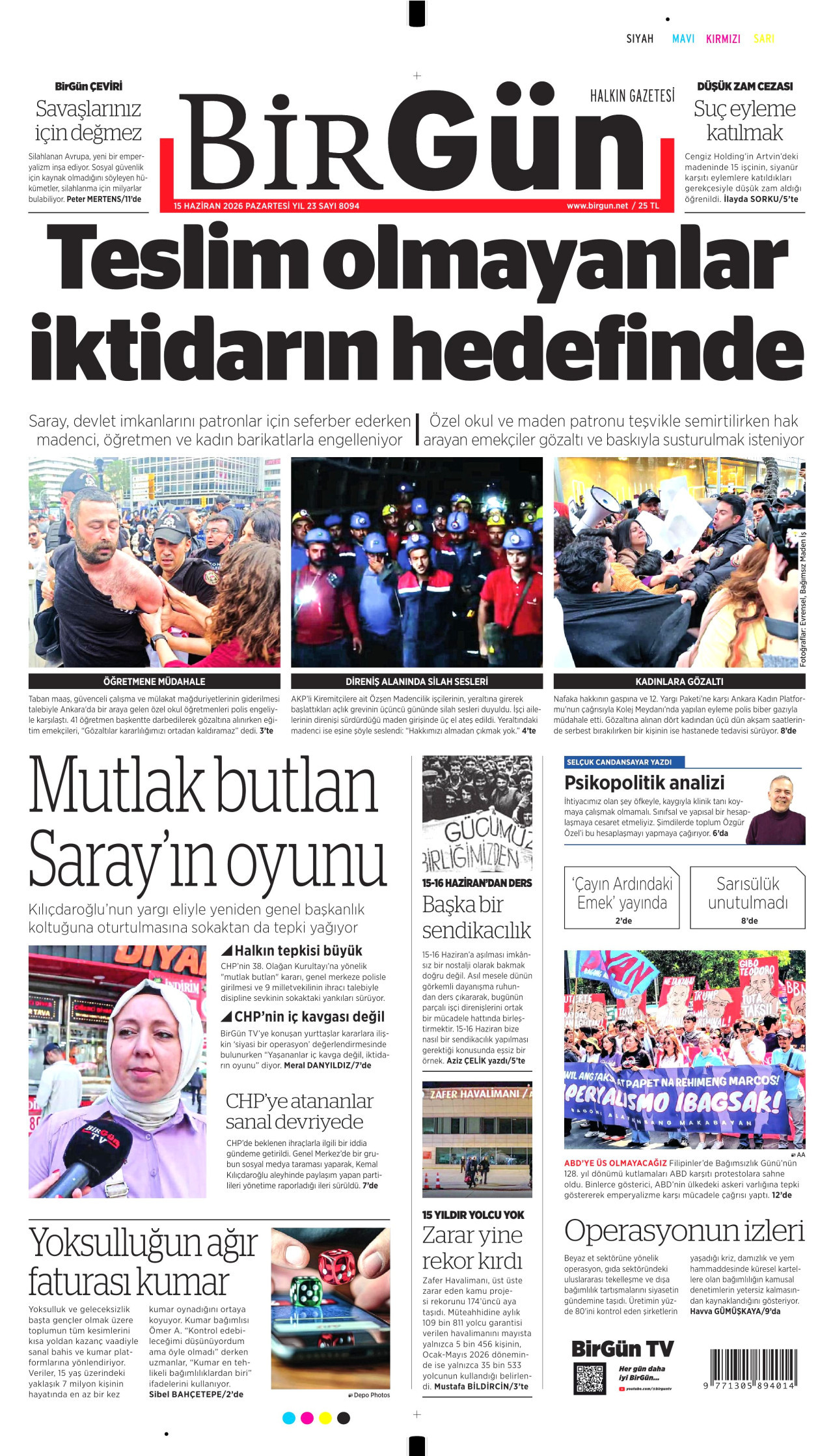 BİRGÜN gazetesinin 15 Haziran 2026 tarihli birinci sayfası