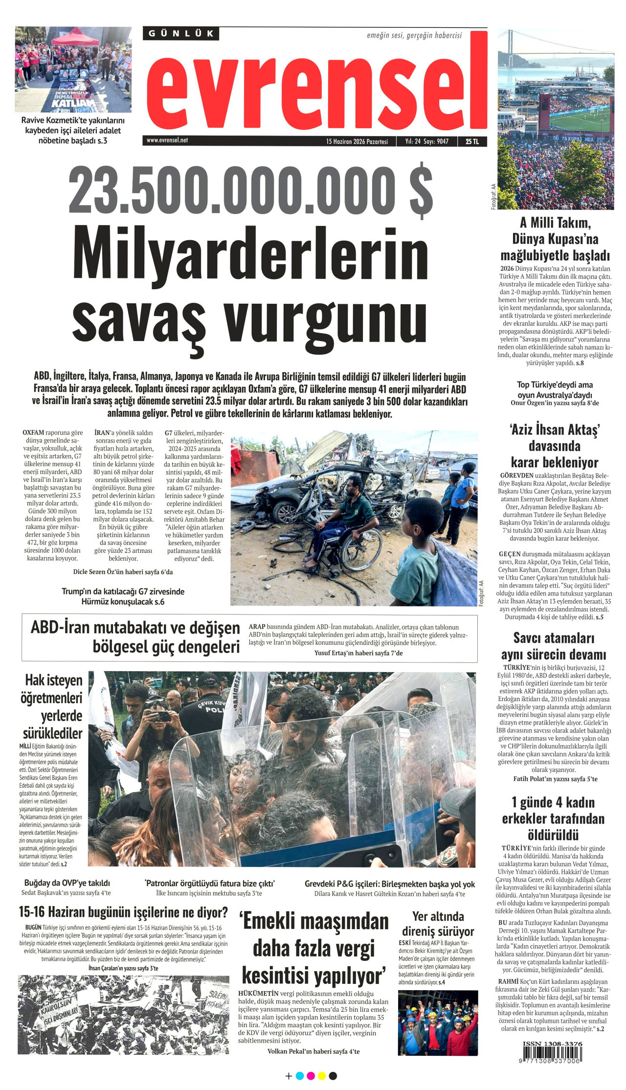 EVRENSEL gazetesinin 15 Haziran 2026 tarihli birinci sayfası